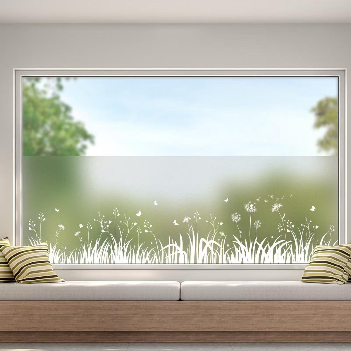 Lámina para ventanas con diseño de diente de león esmerilado - 45 x 300 cm - Opaca - Buena privacidad - Protección UV - Protección contra el calor - No adhesiva - Apta para dormitorio, sala de estar, baño y oficina.