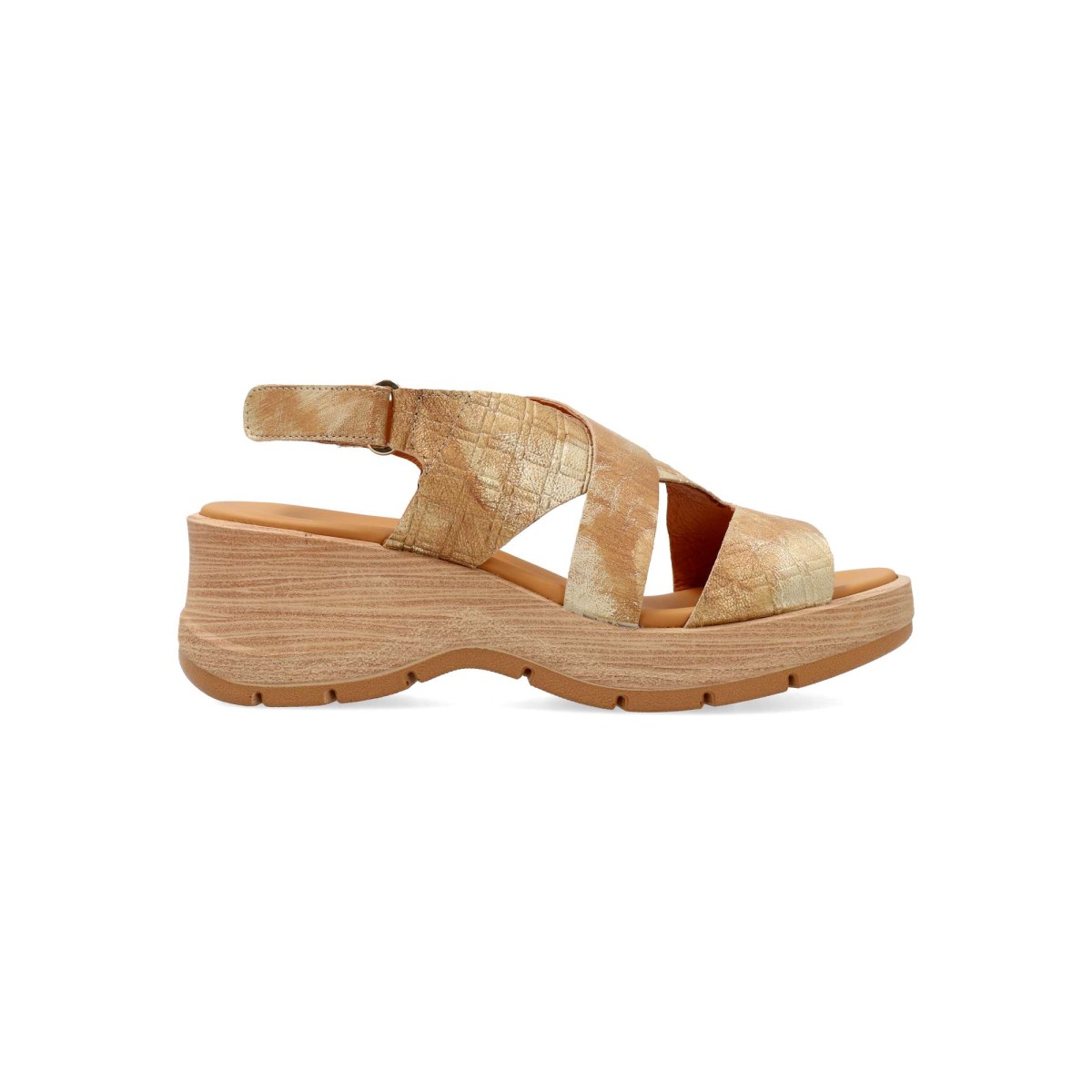 PAULA URBAN - Sandalia de piel natural con tiras cruzadas y planta acolchada Flot Up System para mujer, cuña de 6 cm, diseño casual veraniego hecho en España