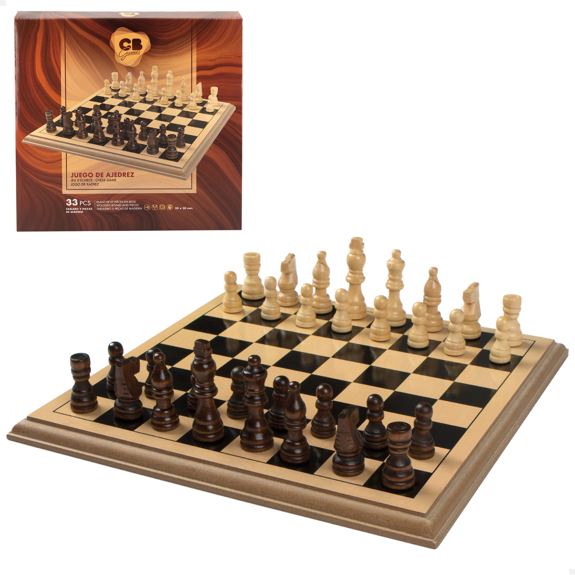 COLORBABY - Juego de ajedrez clásico de madera, tablero 30x30 cm, set de 33 piezas, 2 jugadores, juguete educativo, ajedrez para niños y adultos, +6 años