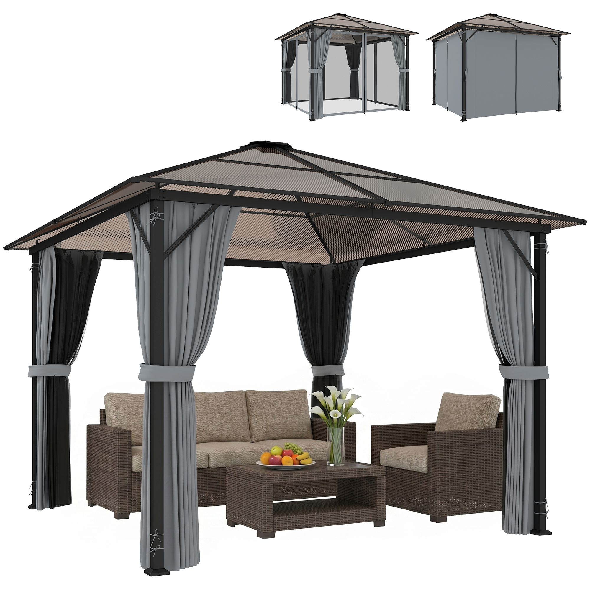 Outsunny Cenador de Jardín 3x3 m con  Marco de Aluminio Pabellón de Exterior con Techo de Policarbonato 4 Cortinas Laterales y 4 Mosquiteras con Cremalleras Gazebo para Fiestas Eventos Multicolor