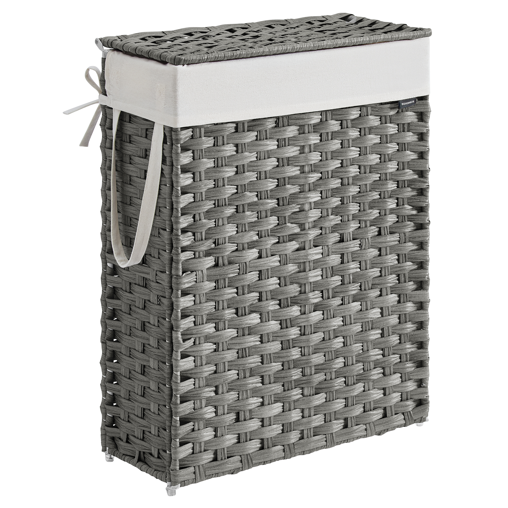 SONGMICS Cesto de Ropa Sucia Delagado, Cesta de Ratán Sintético 55 L con Tapa y Asas, Mimbre, Plegable, Forros Extraíbles, para Mantas, Ropa, Dormitorio, Baño, Lavandería, Amarillo Ganso/Gris Paloma