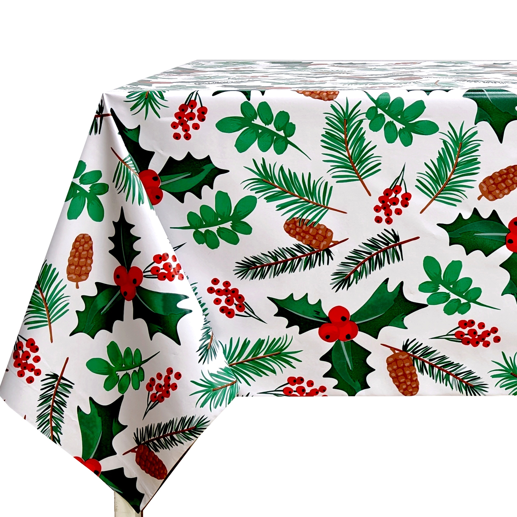 Mantel de Navidad de PVC Impermeable y Antimanchas, Diseño de Acebo, Frutos Rojos y Piñas sobre Fondo Blanco, para Cocina, Comedor y Decoración Navideña