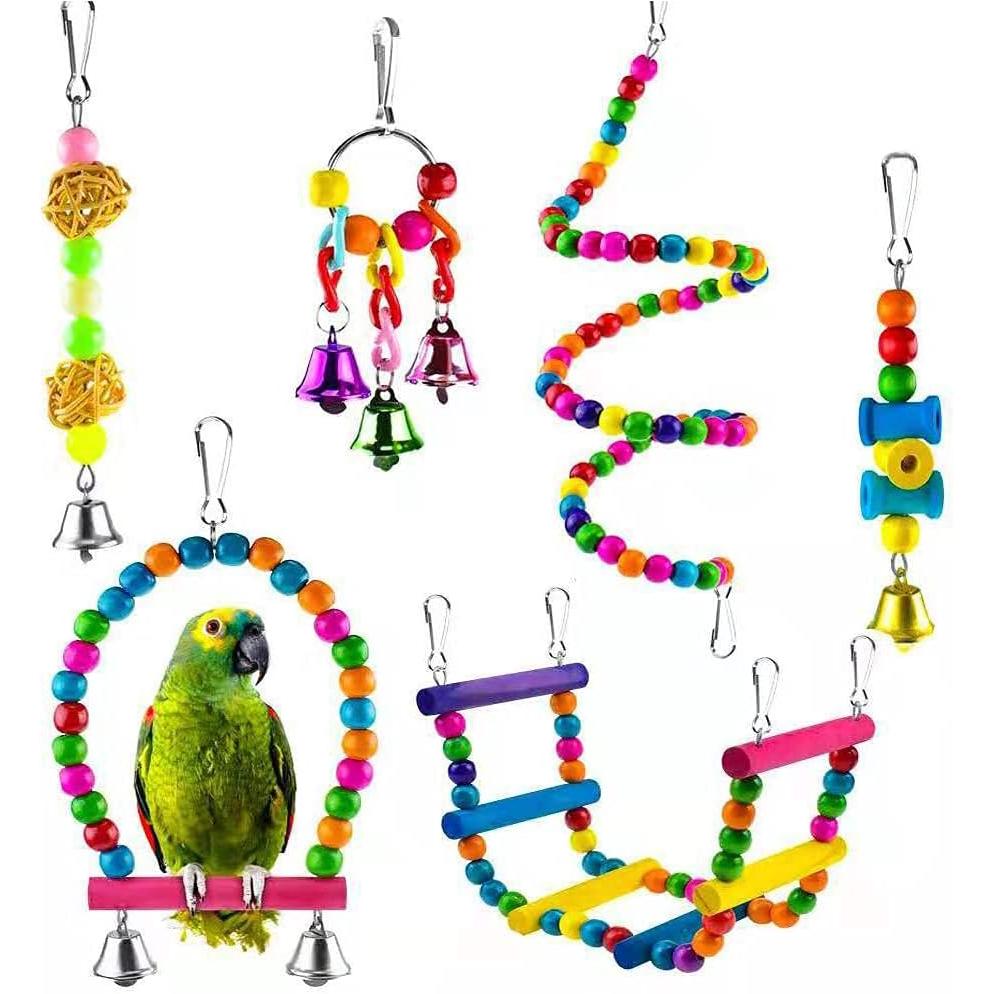Juguetes para Pájaros, 6 Piezas Juguetes para Pajaros Periquitos, Pájaros Juguetes, Decoracion de Pajarera y Campana Colgante Hamaca para Periquitos, Cockatiels