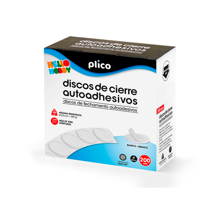 Discos de cierre autoadhesivo textil  PLICO - Set de 200 parches de velcro, color blanco, forma redonda de 20mm, más de 1000 aperturas // Ref: 13338