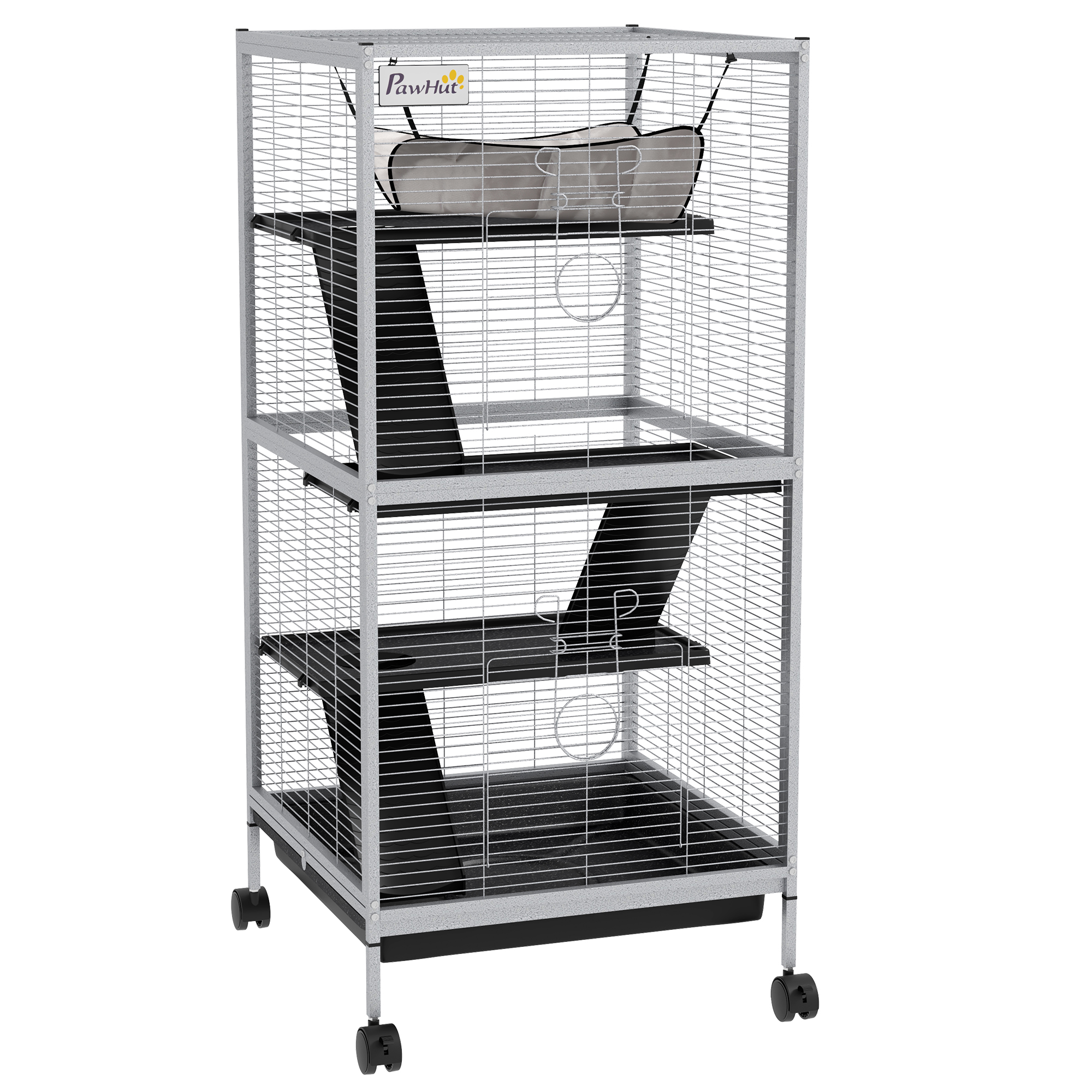 PawHut Jaula Grande para Roedores 52x52x113,5 cm Jaula para Hurones con Ruedas con 2 Puertas 3 Rampas Hamaca Colgante y Bandeja Extraíble para Cobayas Ratoncillos
