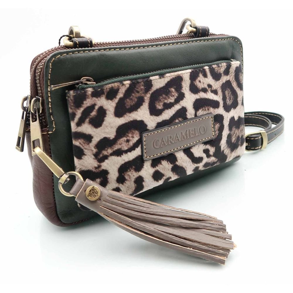 CARAMELO BOLSITO PIEL ANIMAL PRINT BANDOLERA VERDE ANIMAL 20x7x13 Cms.
