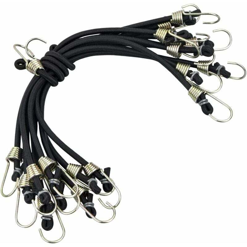 CA Cuerda elástica Ulisem con gancho, 10 unidades de 25 cm, resistente, universal, para bicicletas y tiendas de campaña, correas de equipaje, color negro