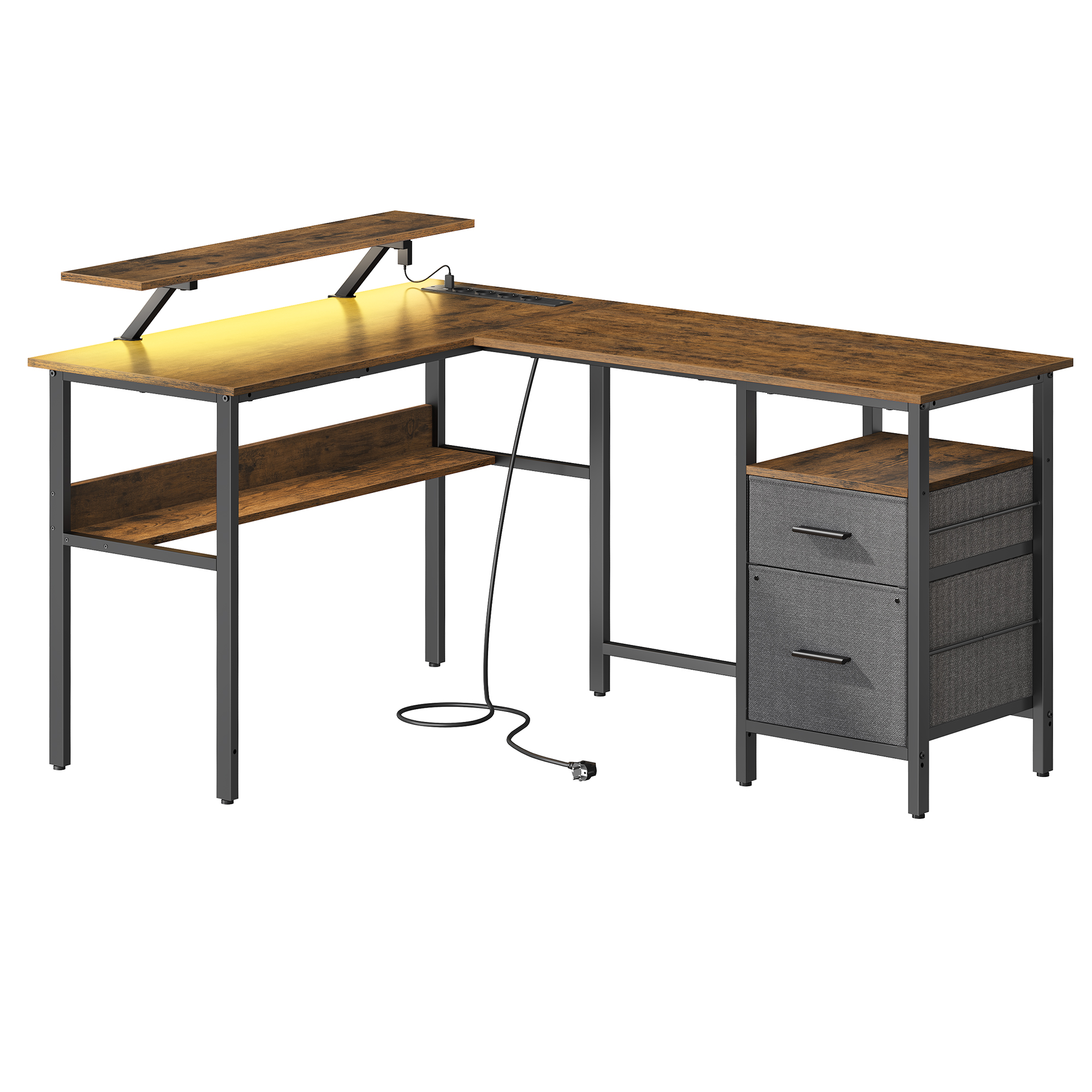 VASAGLE Escritorio en Forma de L con Tomas de Corriente, con Soporte de Monitor, Escritorio Esquinero, para Juegos con Luces LED, 2 Cajones, Fácil de Montar, Oficina en Casa, Marrón Rústico/Negro Ébano