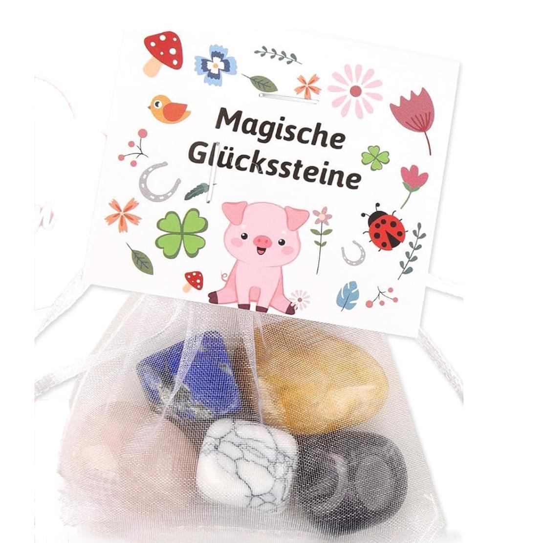 Set de 12 Piedras de la Suerte para Niños – Regalos y Bolsitas para Fiestas Infantiles, Cumpleaños, Año Nuevo – Piedras Mágicas de Coraje y Amuleto de la Suerte para Niños