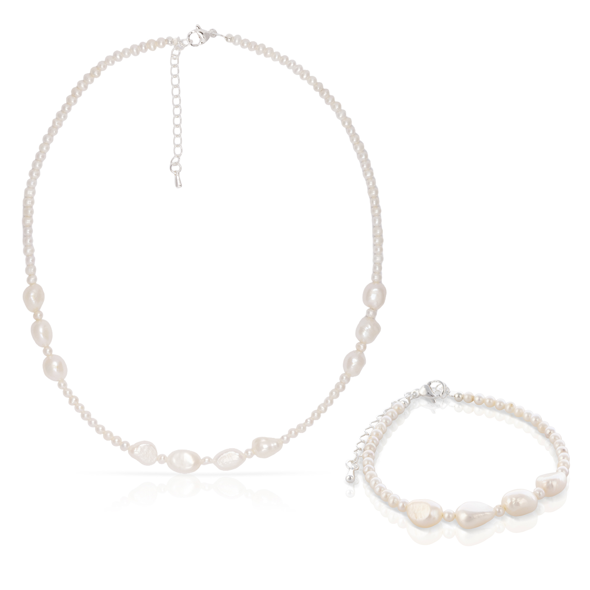 Abundantia Set de pulsera y collar a juego de perlas naturales de distintos tamaños.