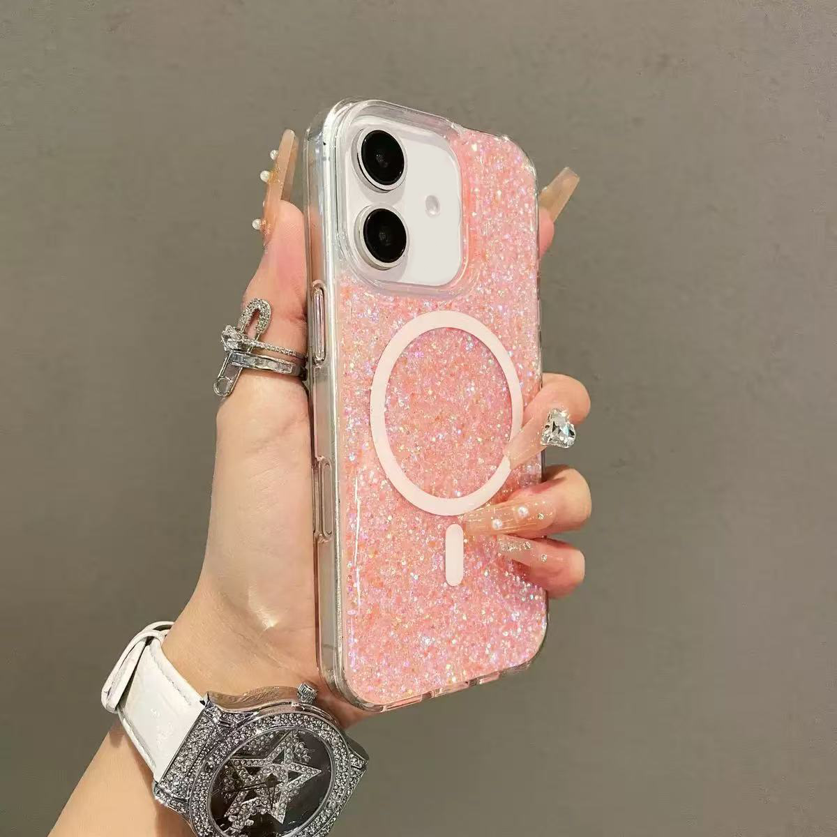 Fundas, carcasas, fundas para teléfono, fundas iPhone con lentejuelas magnéticas. Diseño elegante y práctico。 No se cae con el uso diario y luce radiante al girarla en diferentes ángulos. Resistente a los impactos. Colores de lentejuelas: naranja, rosa, a