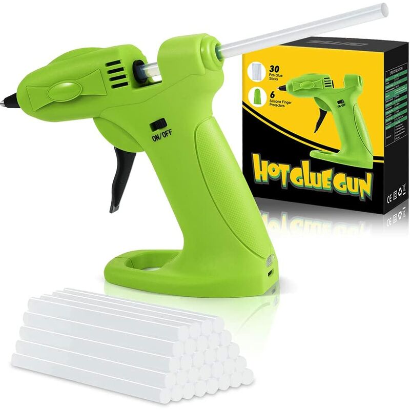 TK Pistola de Pegamento Caliente Inalámbrica de 30 W - Recargable por USB - Batería de 2600 mAh - Viene con 30 barras de pegamento de 7 mm y 6 fundas de silicona - Para bricolaje, escuela, reparación rápida