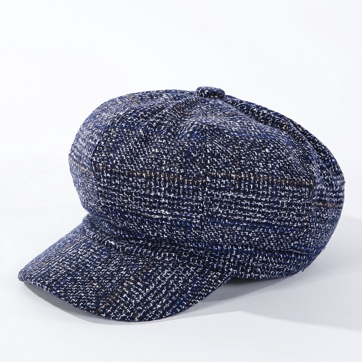 Modieuze achthoekige pet voor dames, geschikt voor de herfst en winter, met oorklappen voor extra warmte, geruite wollen achthoekige pet, baret, Britse schildershoed, marineblauw