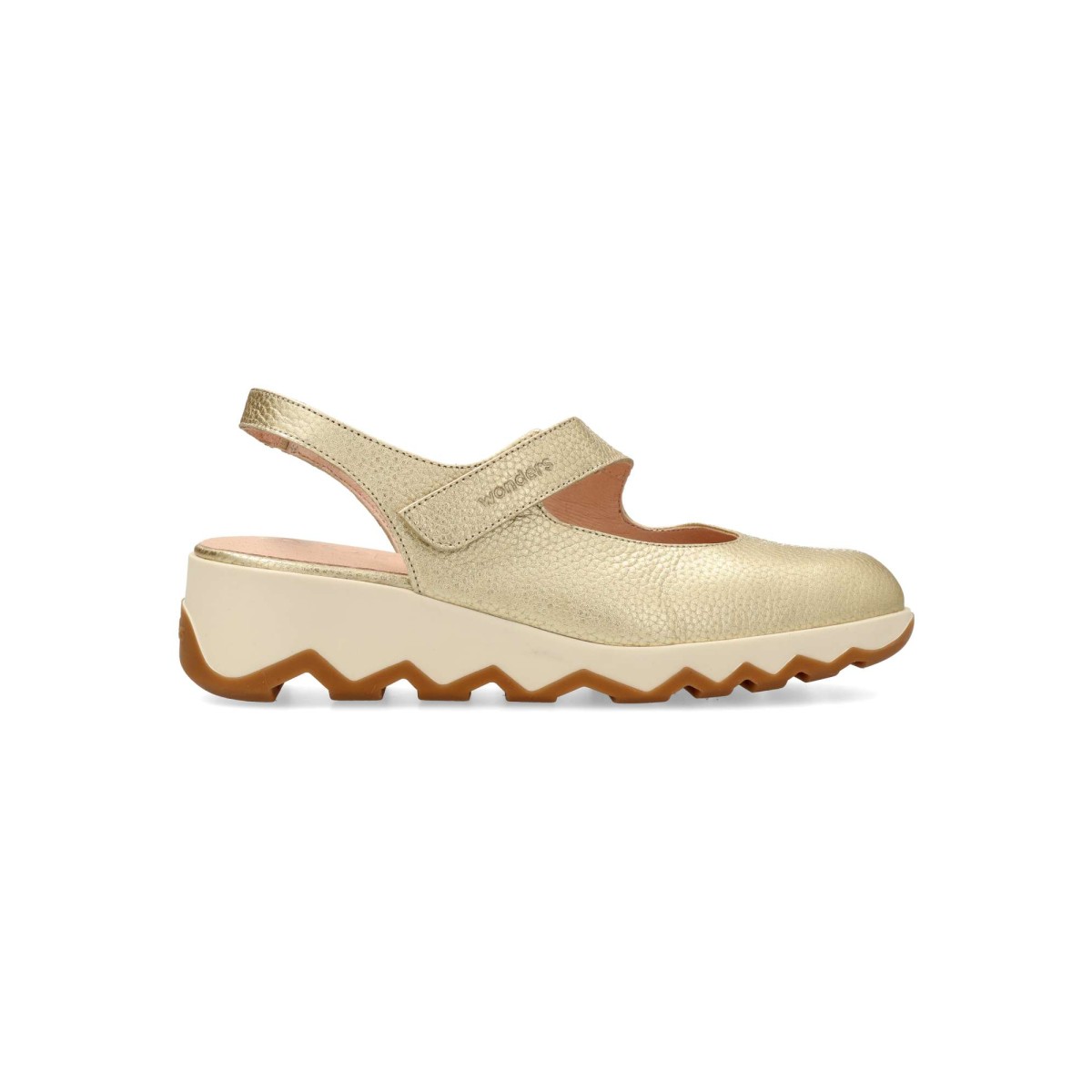 Wonders - Zapatos destalonados Simon 22 de piel metalizada acabado oro, diseño atemporal con tira al empeine y cierre adherente, suela EvoLight ligera y plantilla MemoryGel