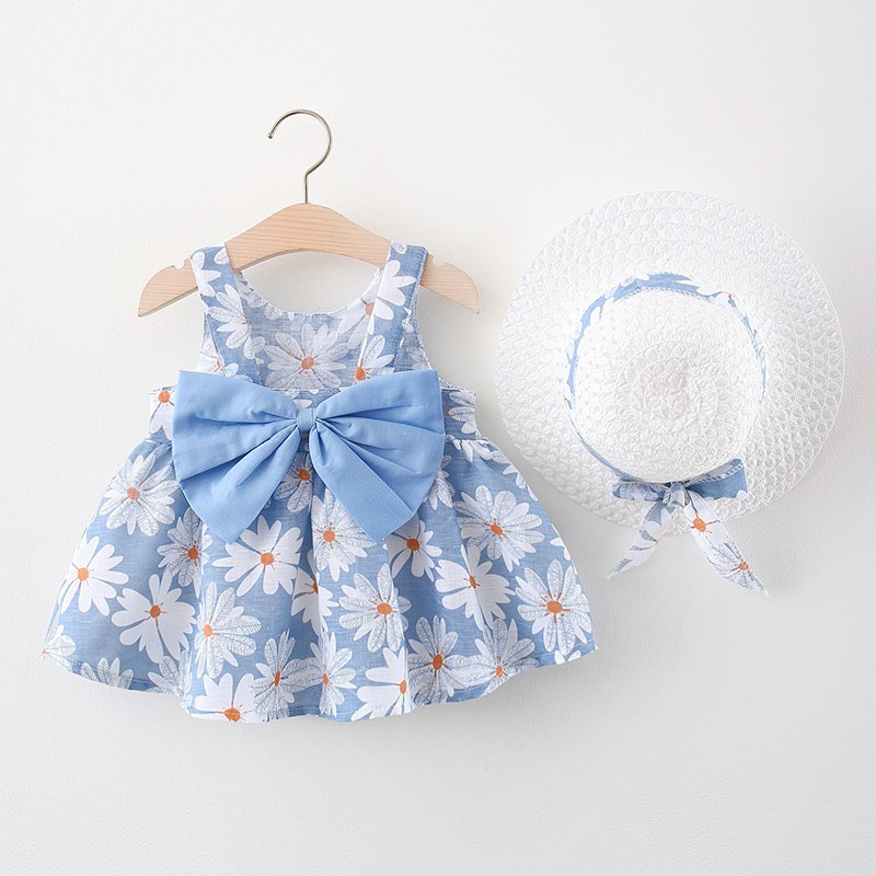 CA Ropa De Bebé Para Verano Vestido De Playa De Algodón Con Suspensión Para Niña + Sombrero De Sol Vestido De Princesa 2 Piezas