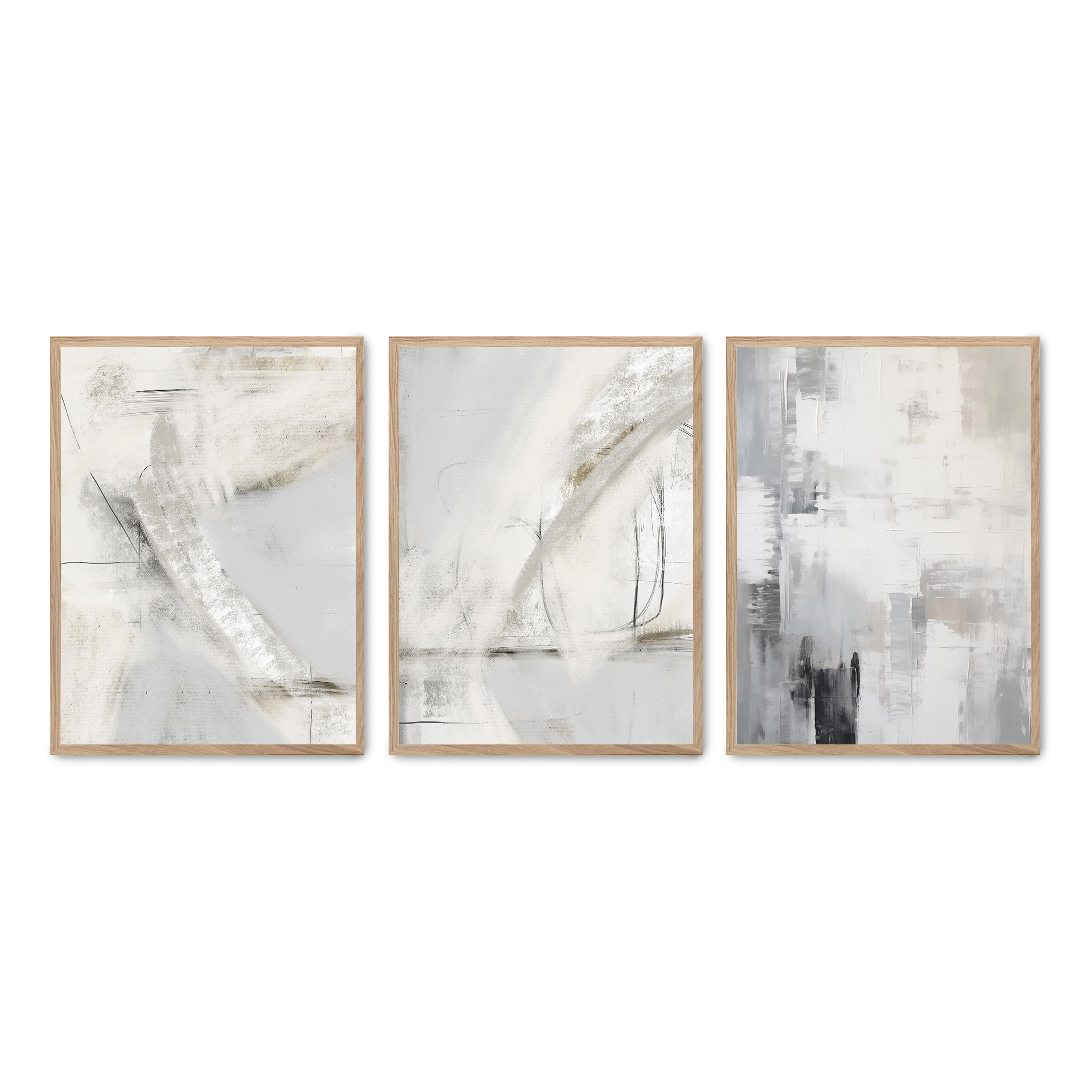 Set compuesto por tres cuadros con marco roble 30x40cm, Póster impreso en papel de calidad premium de 180gr, montado en marco de madera MDF con acabado en color roble, SETS