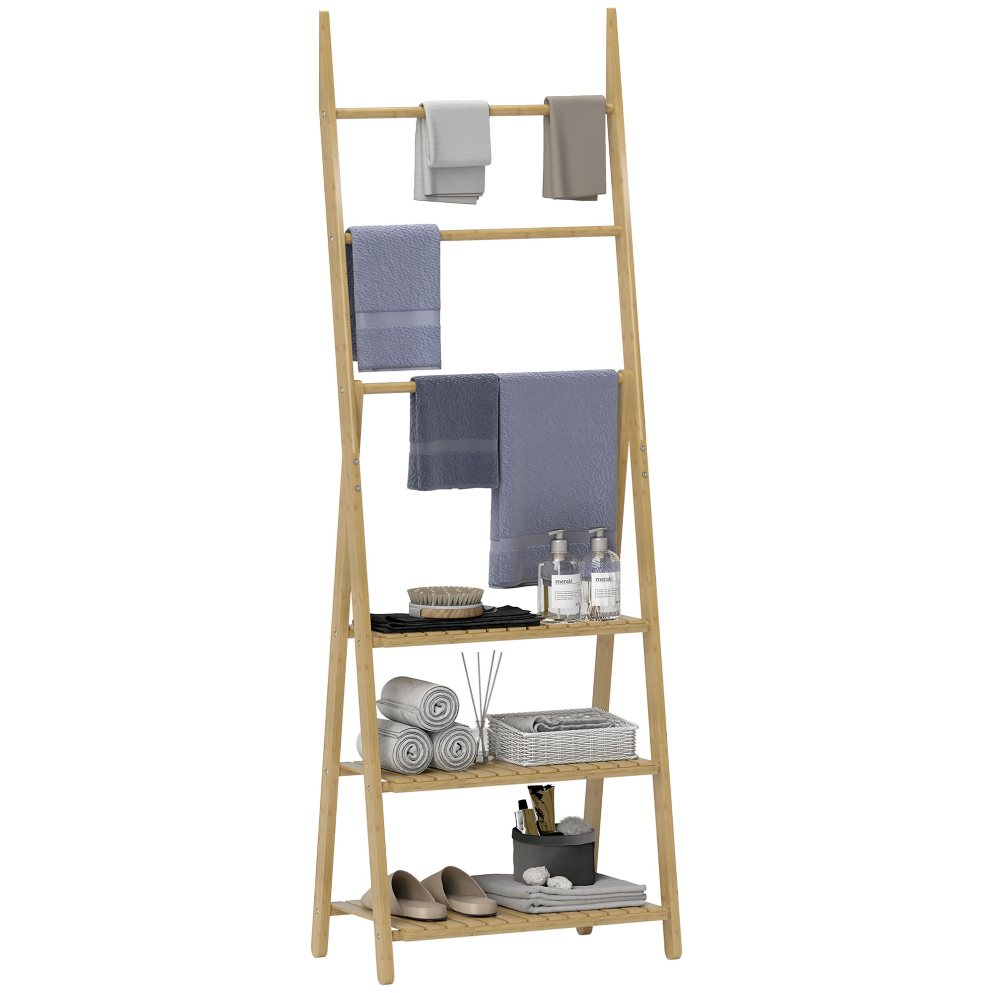 HOMCOM Estantería de Baño de Bambú con 3 Estantes Estantería de Almacenaje Plegable con Barras Estantería de Madera en Forma de A 53,5x30x153 cm Natural