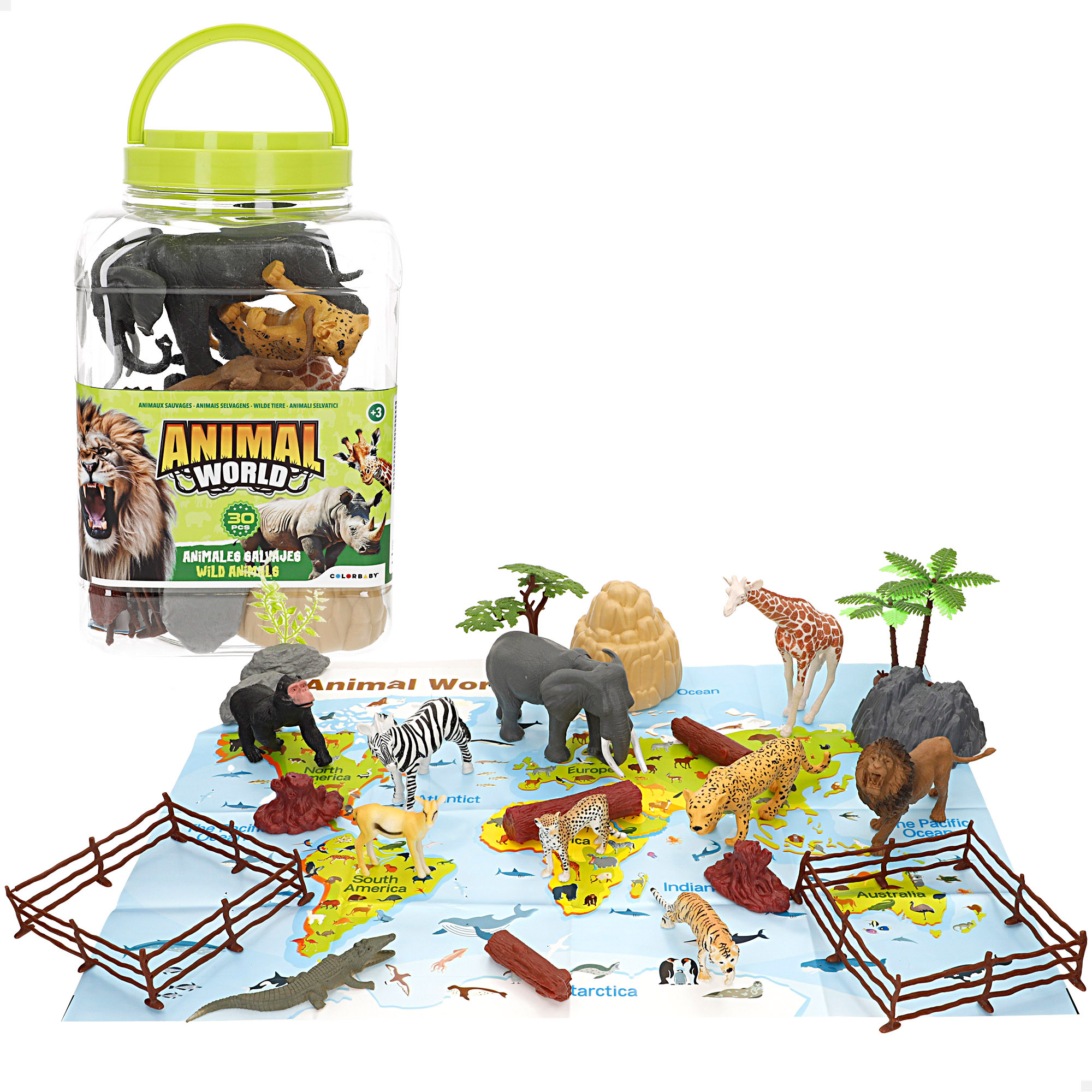 COLORBABY Animal World - Cubo animales juguete, 30 piezas con figuras miniatura, incluye mapa del mundo en inglés, set educativo niños, juego simbólico, figuras realistas animales, diversión y aprendizaje desde 3 años