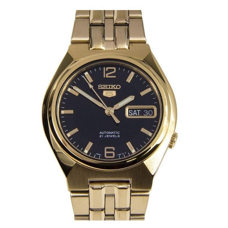 Reloj hombre automático Seiko 5 SNKL66K1 38 mm – Hardlex, 30 m, correa de acero dorado