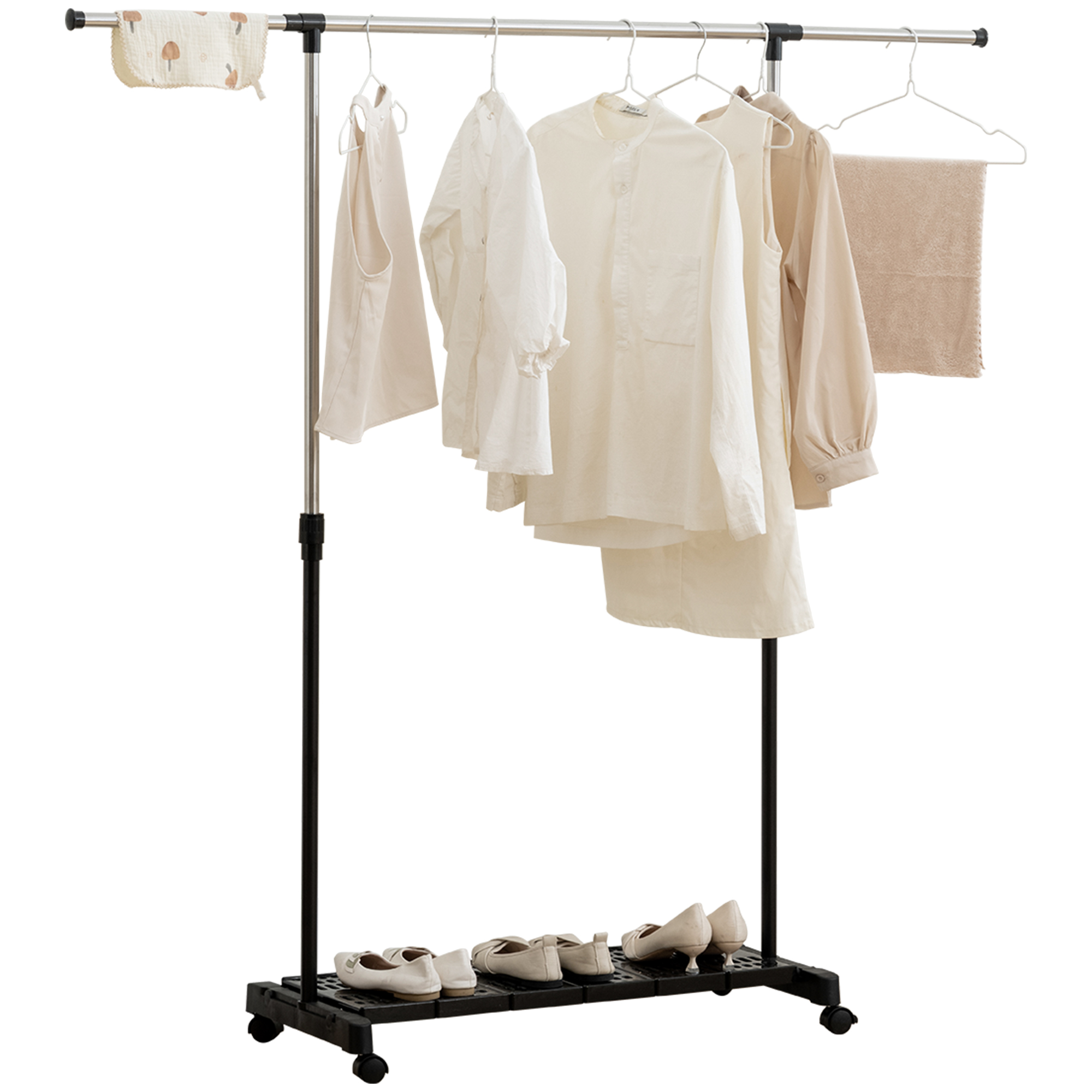 HOMCOM Tendedero Extensible con Ruedas, Tendedero de Ropa con Barra de Acero Inoxidable y Estante para Zapatos, Altura Ajustable, para Interior