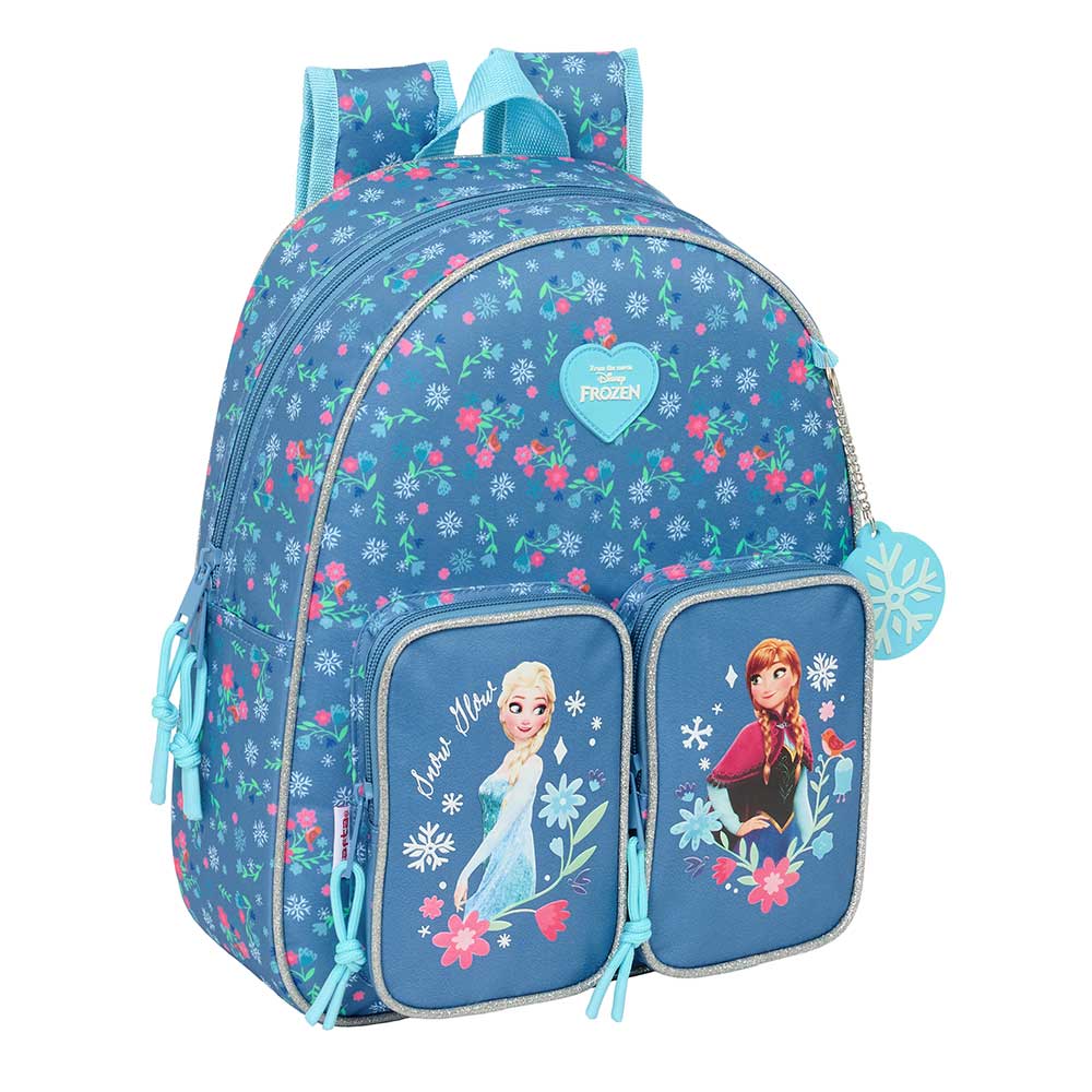 SAFTA | Mochila Escolar Guardería Disney Frozen Adaptable a Carro (Sin Carro) Compartimento Principal con Cremallera, Ergonómica y Acolchada, Bolsillo Frontal Gran Formato, Laterales Portabotellas