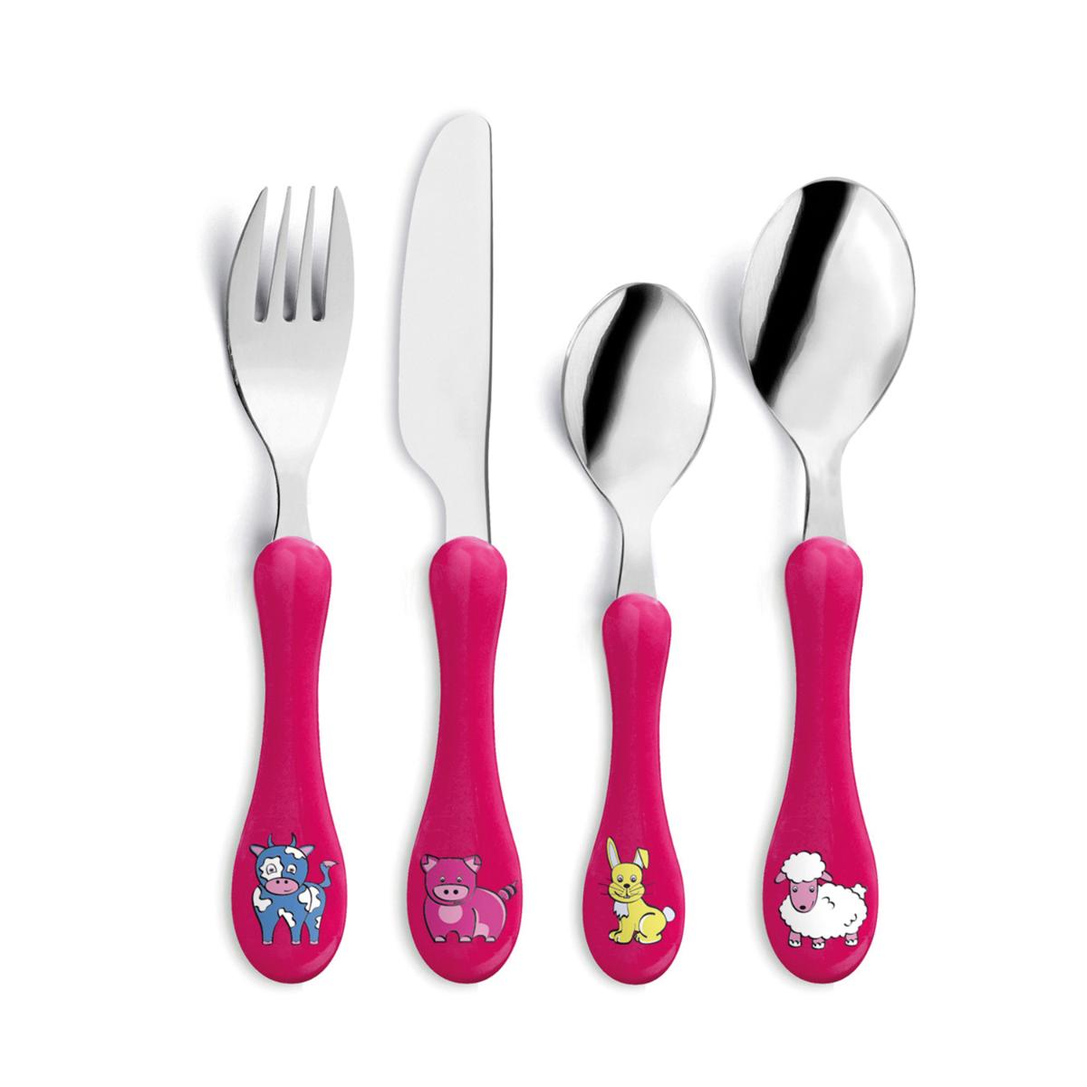Juego de 4 cubiertos infantiles AMEFA ENFANT de acero inoxidable con mango ergonómico y animalitos en verde y rosa - Apto lavavajillas