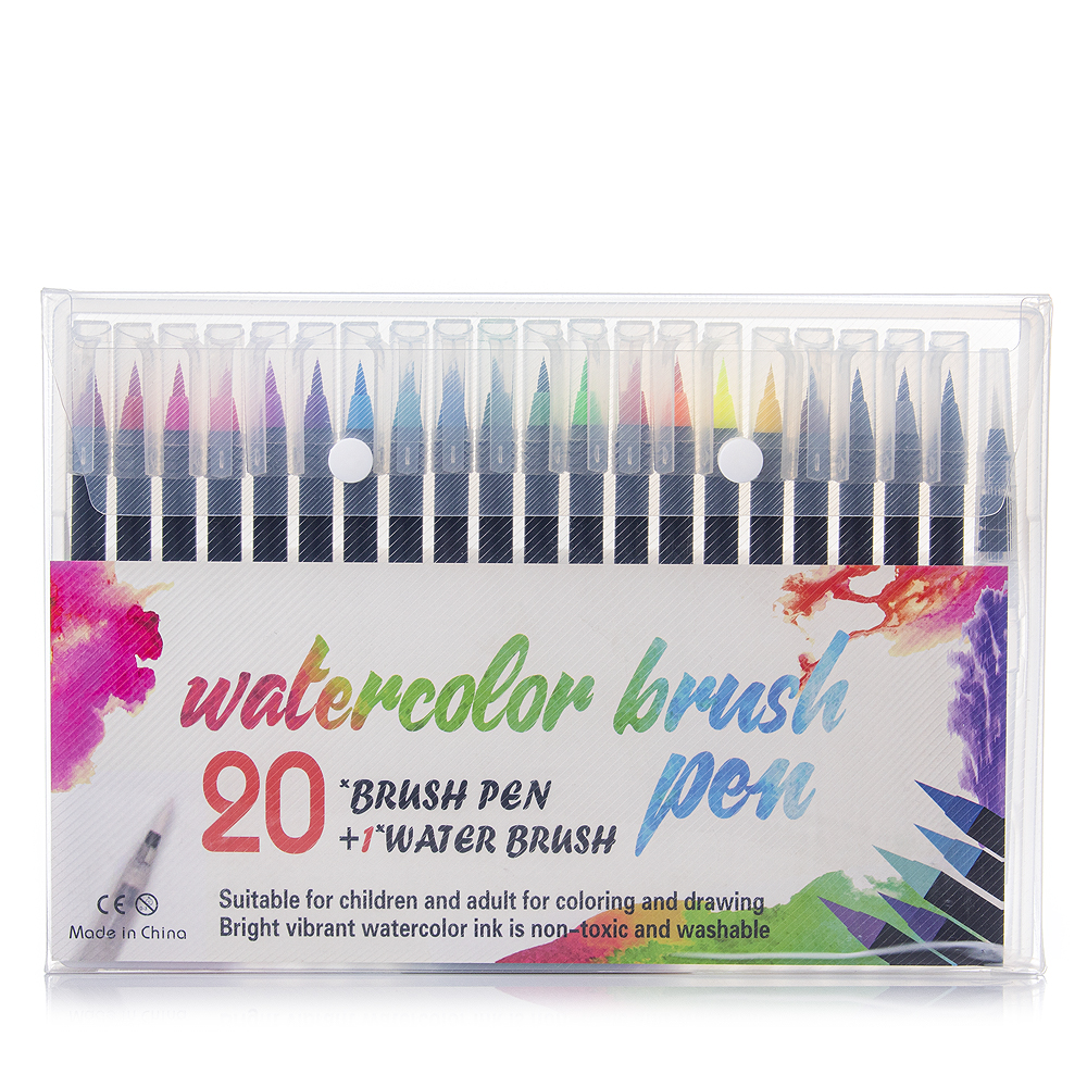 DAM. Set de 20+1 Rotuladores con punta de pincel acuarelables con pincel mezclador de agua. Pinceles premium de nylon flexible para Manga, dibujos y caligrafía. 17,5x1,5x19,5 cm.