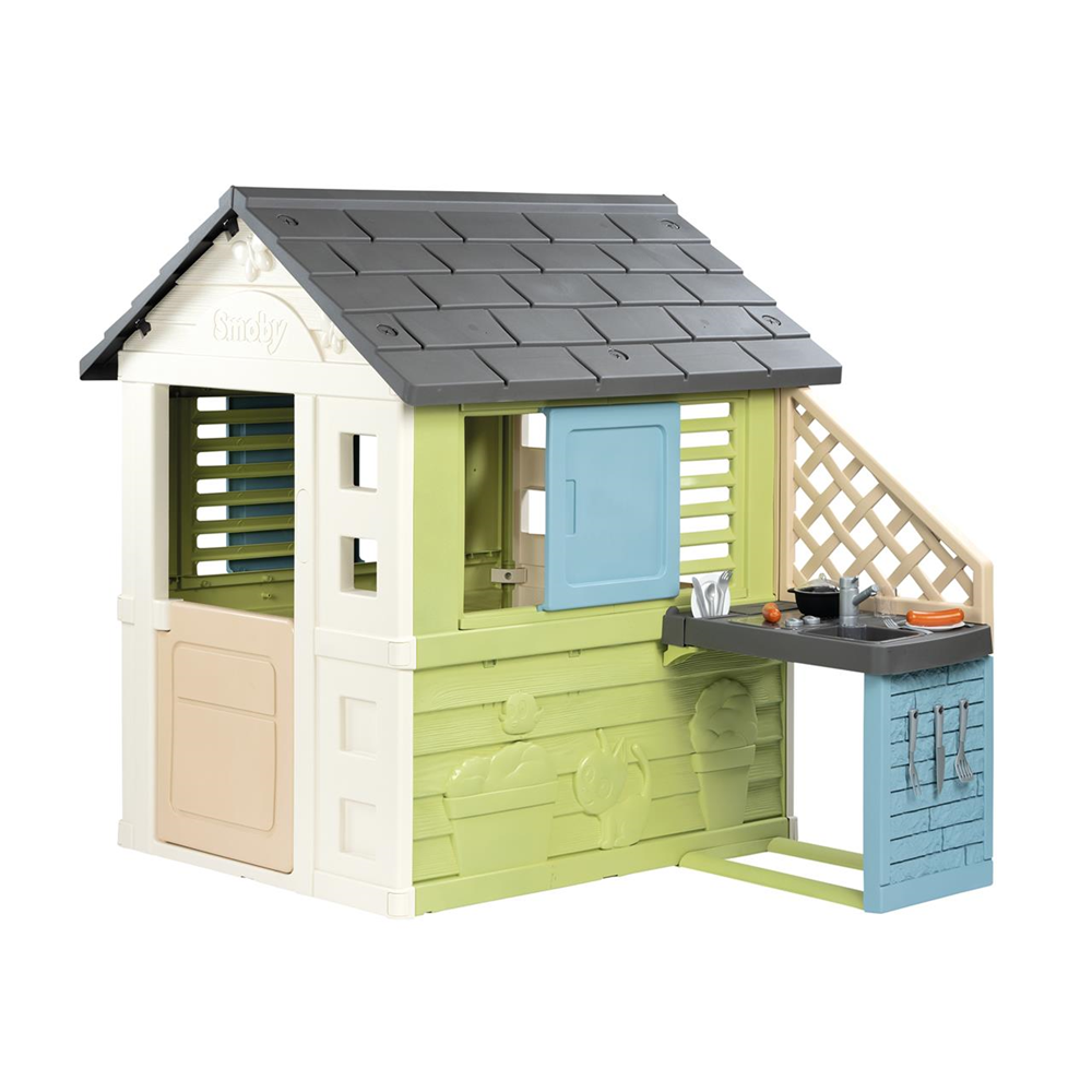 Smoby – Casa Pretty con cocina. Casa Pretty: 1 puerta baja y 2 ventanas con contraventas correderas,una cocina con fregadero, grill y 17 ac. Smoby Life.