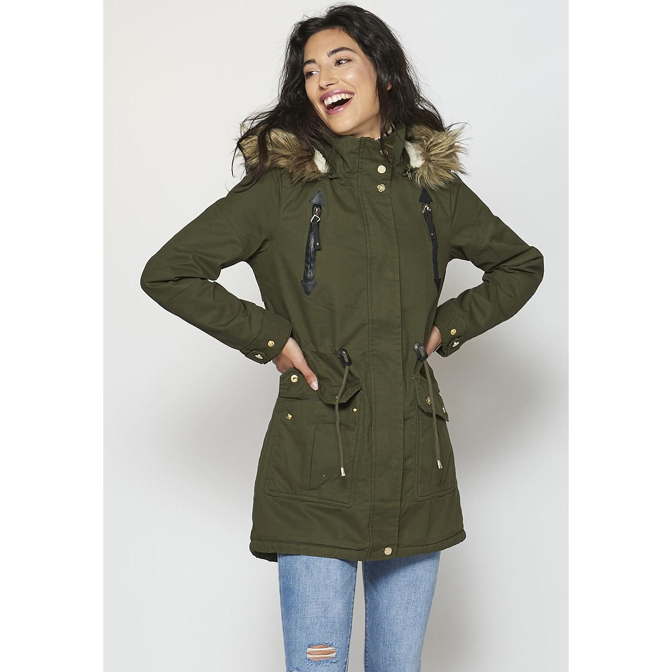Koroshi - Parka larga plumífero para mujer con capucha desmontable, forro de pelo y cuello alzado en kaki