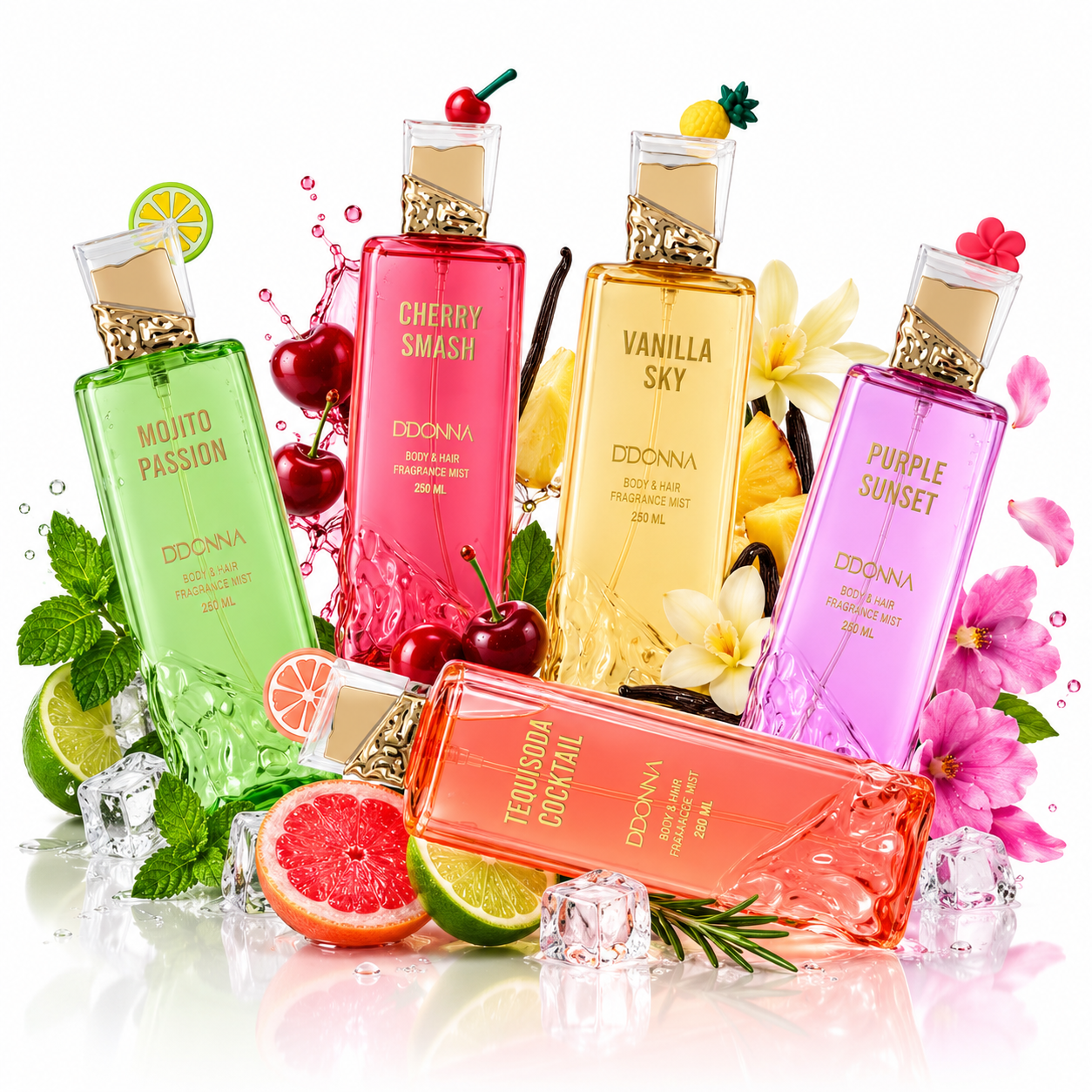 Pack D'DONNA 5 Body & Hair Fragrance Mist 250 ml – Brumas Perfumadas para Cuerpo y Cabello, Set Completo Mojito Passion, Cherry Smash, Vanilla Sky, Purple Sunset y Tequi Soda Cocktail, Fragancias de Mujer, 5 x 250 ml