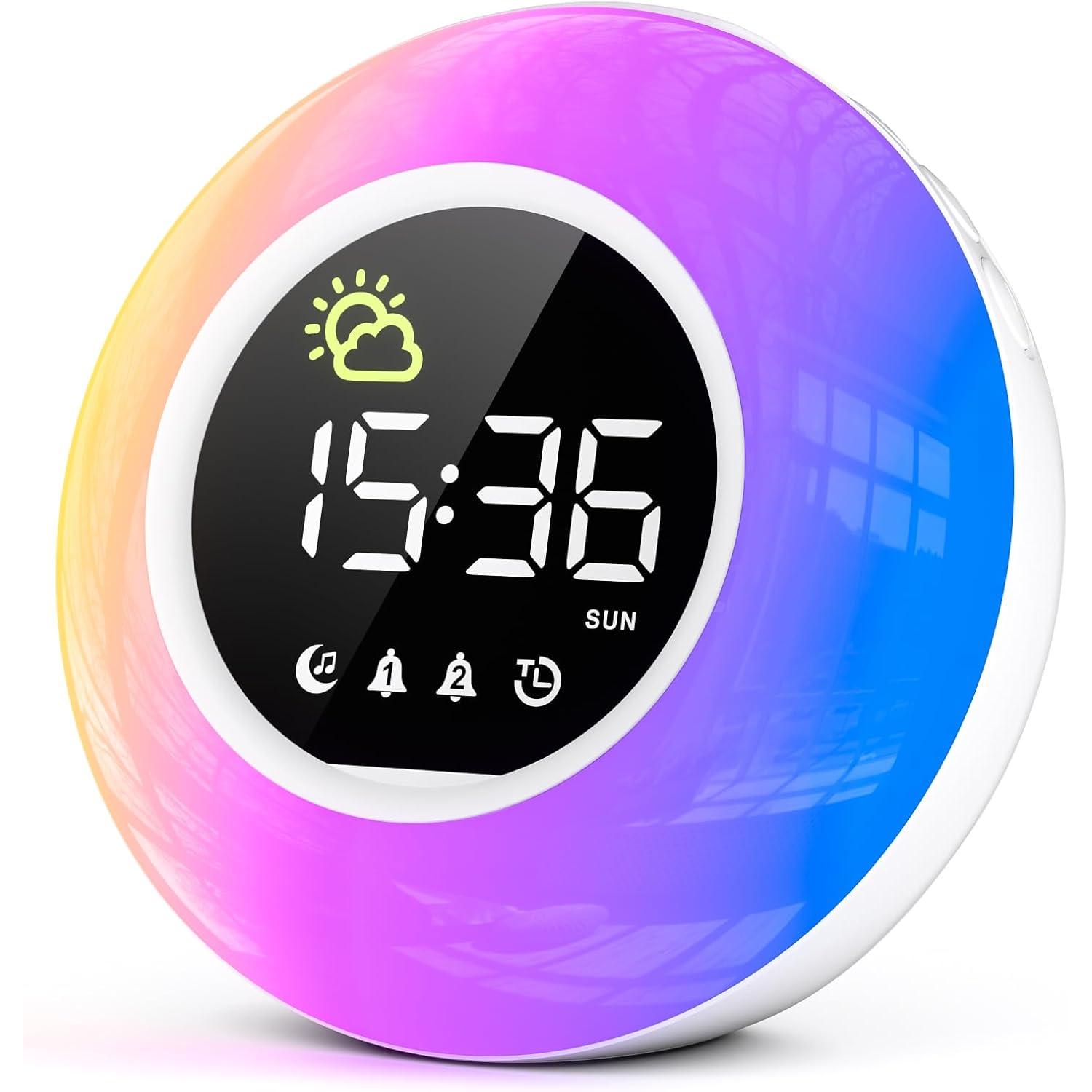 Reloj Despertador Digital, Despertador Infantil con Cuenta Regresiva, Ruido Blanco con 12 Sonidos, 10 Colores Luz Nocturna, Doble Alarma, 10 Volumen, Función de Snooze(Incluye Adaptador)