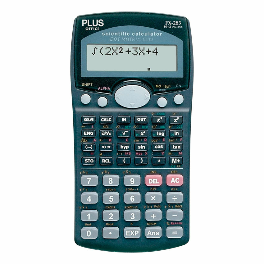 CALCULADORA CIENTÍFICA PLUS OFFICE ORIGINAL. Calculadora científica electrónica. Pantalla de 2 líneas. 10+2 dígitos. Alimentación: Pilas. Estuche protector rígido. 283 funciones. Dimensiones: 16,3 x 8,5 x 1,6 cm.