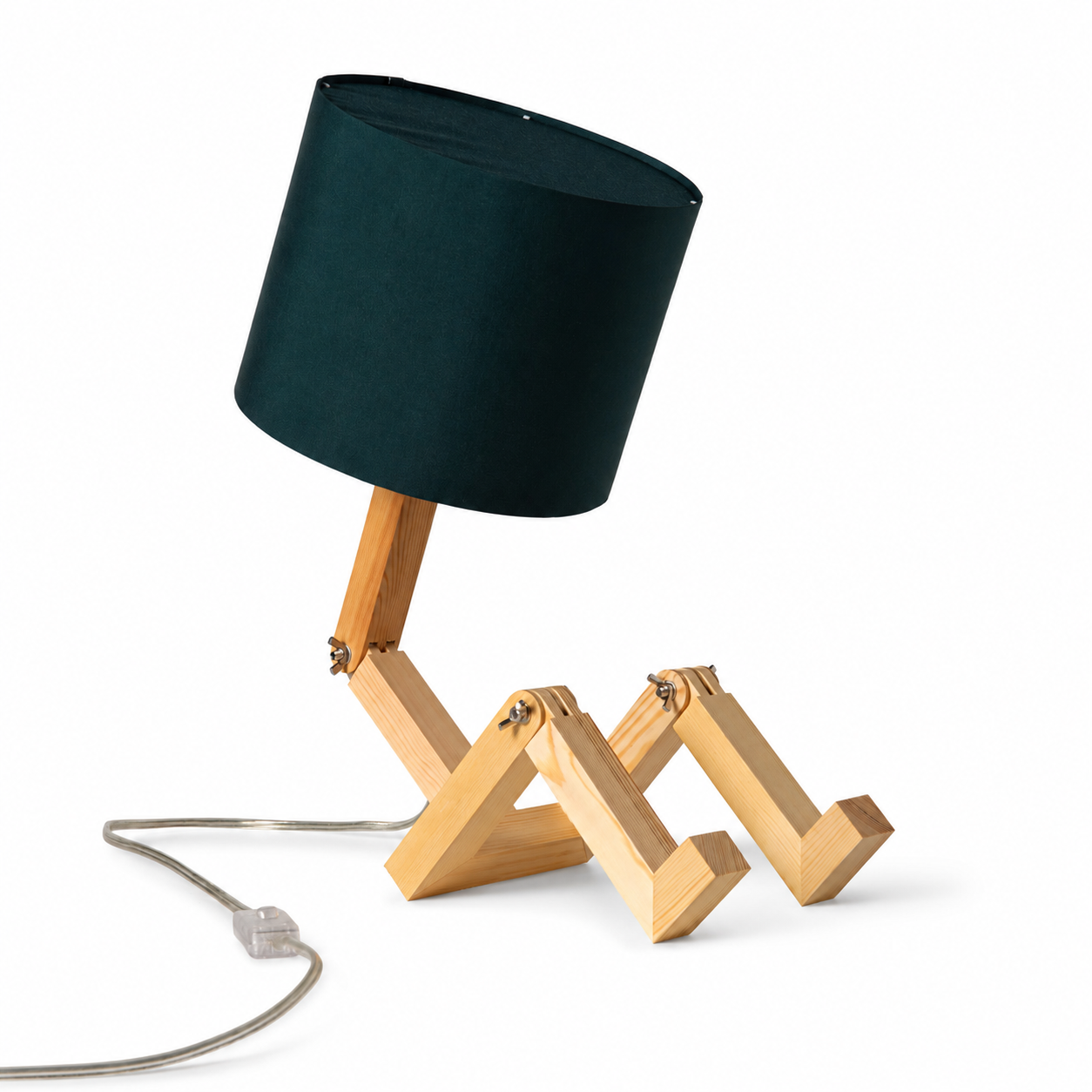 ALPINALUZ Lámpara de Mesa de Madera Articulada con Pantalla Textil Verde, Diseño Muñeco, Casquillo E27 para Escritorio y Dormitorio