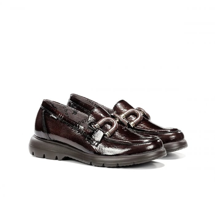 Fluchos - Mocasines F2514 de piel charol marrón oscuro para mujer con suela ligera y plantilla extraíble