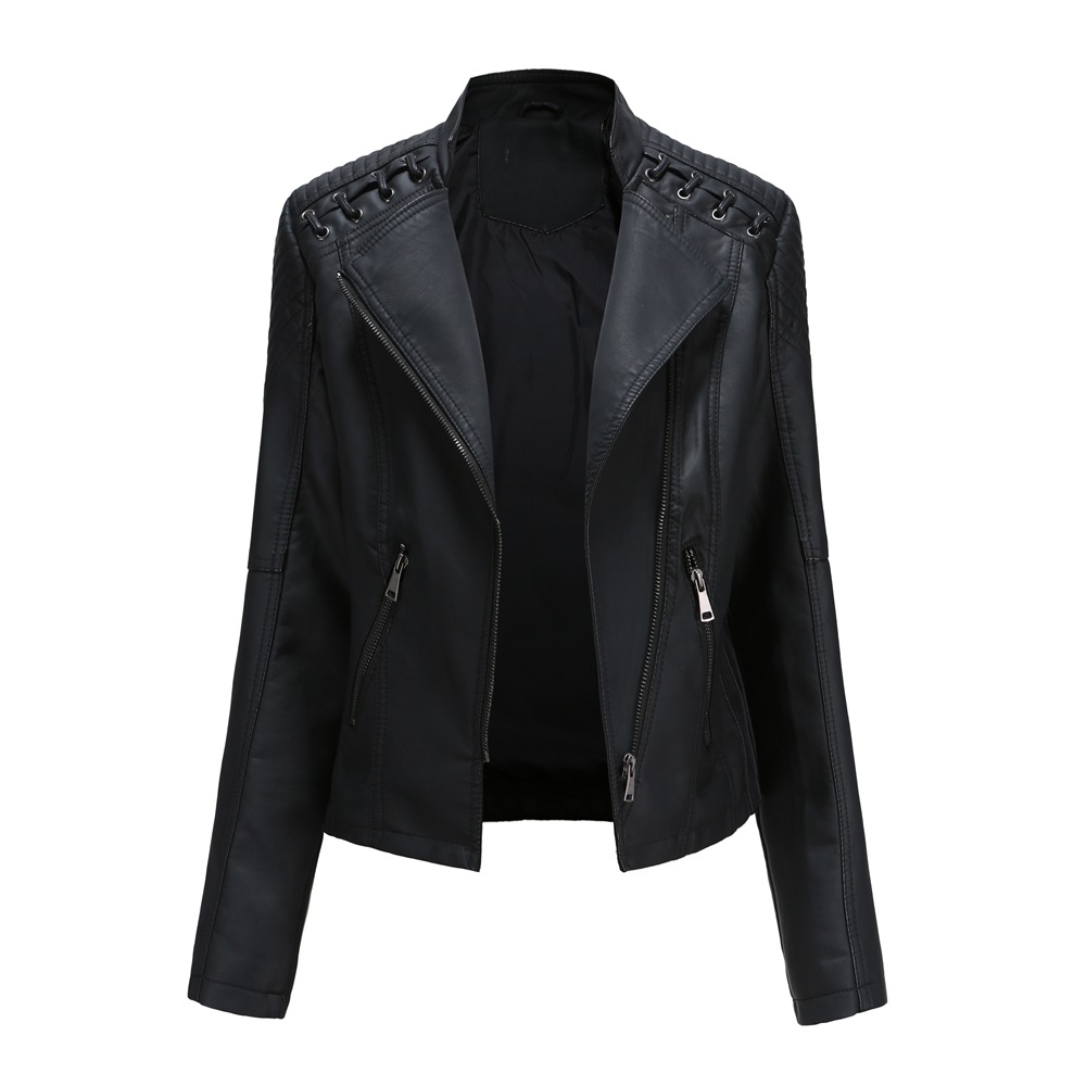 TK Chaqueta de cuero para mujer, estilo corto, corte ajustado, abrigo de cuero ligero, chaqueta de motociclista para mujer