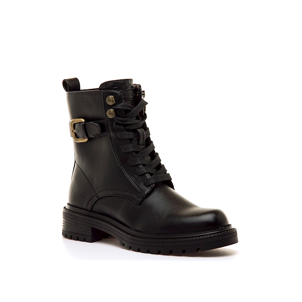 Mtng - Botines militares Casi para mujer de estilo motero con cierre de cordones, hebilla metálica y cremallera interior, caña media y tirador trasero, color negro, veganos certificados por PETA