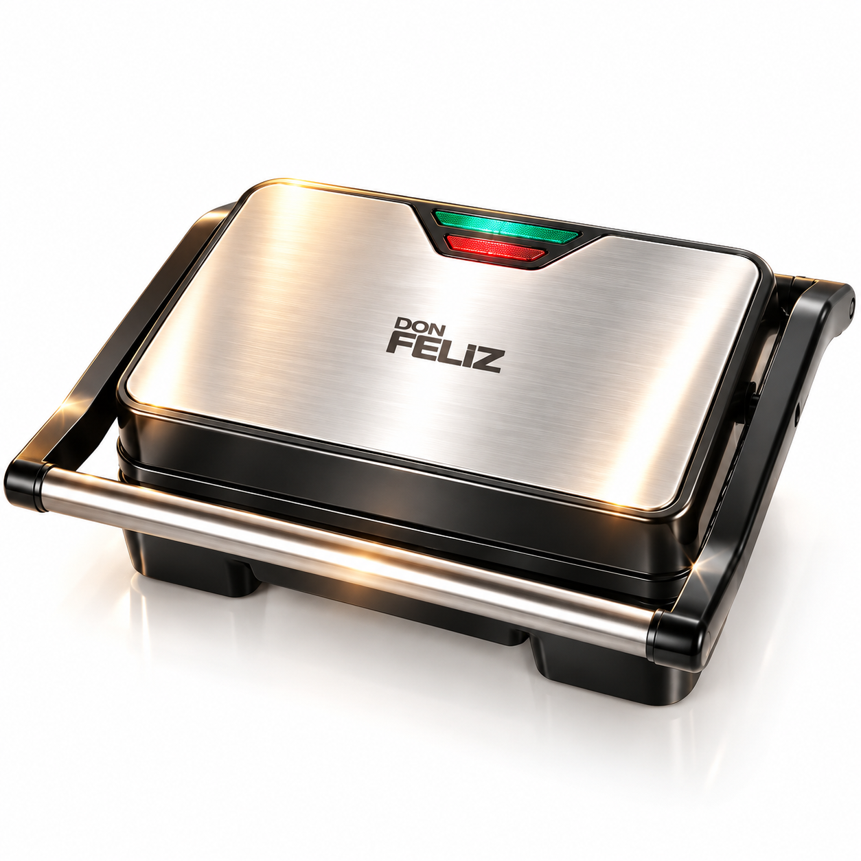 Don Feliz Parrilla Eléctrica 850W, Grill Panini y Sandwichera con Placas Antiadherentes 23x14cm, Grill Eléctrico de Acero Inoxidable con Indicadores LED, Fácil de Limpiar