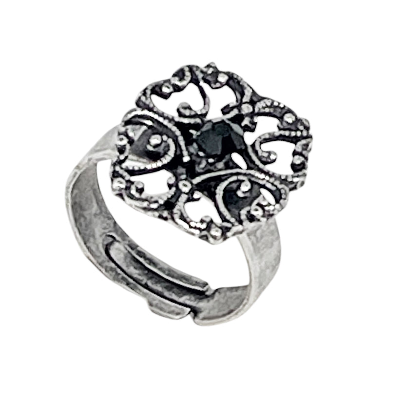 Anillo Vintage oval y cristal negro plata envejecida