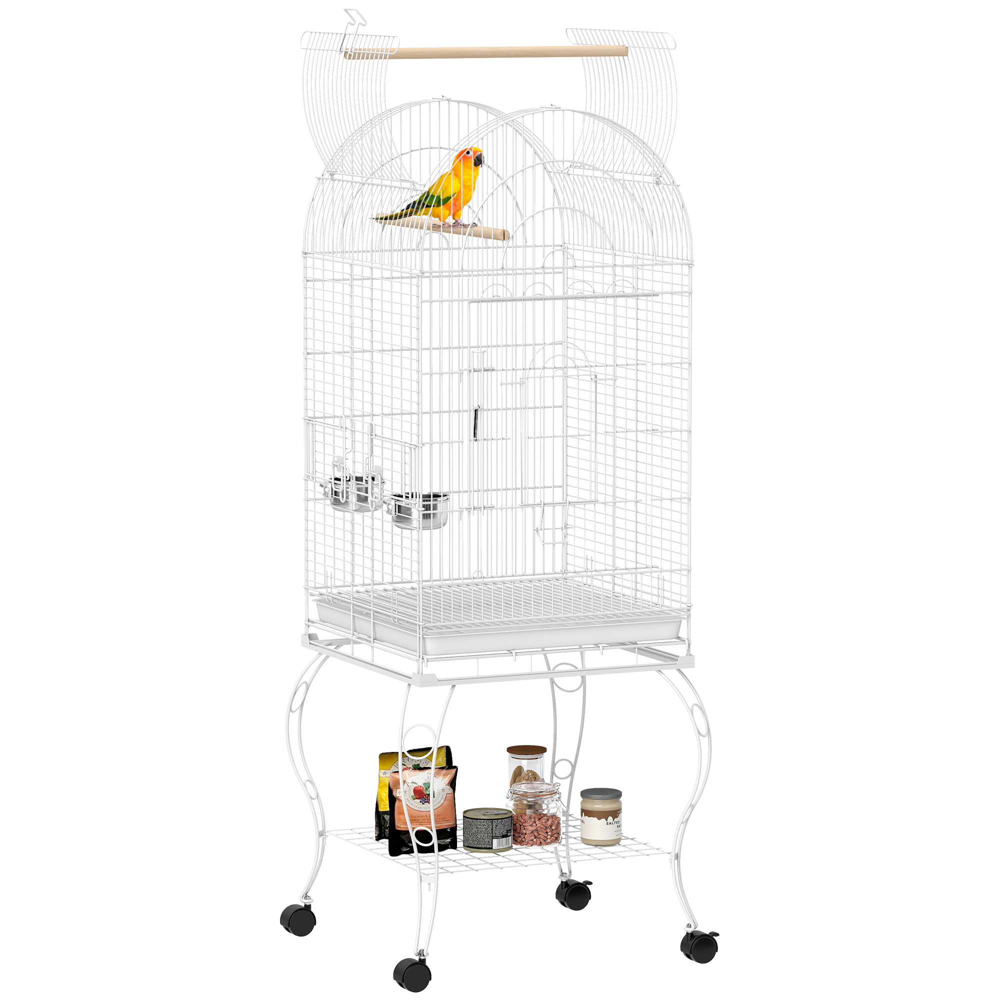 PawHut Jaula para Pájaros con Soporte y Ruedas Jaula Grande de Acero con Bandeja Extraíble 4 Puertas y 2 Comederos para Loros Guacamayos 51x51x153 cm