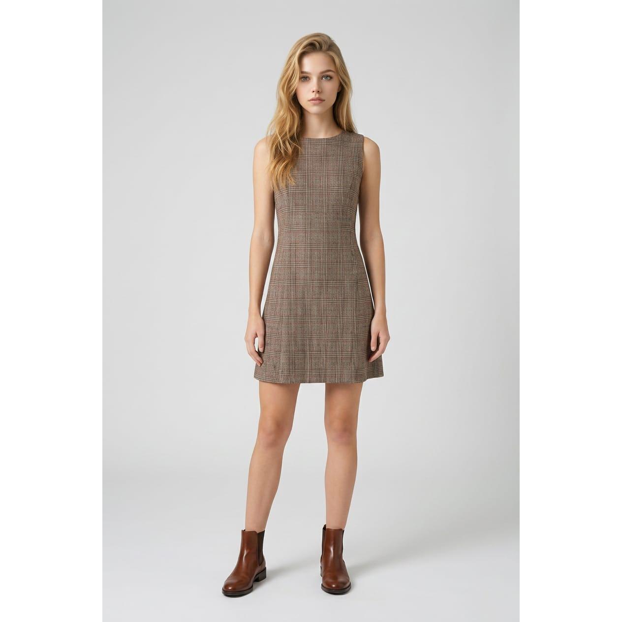 Vestido evasé Marca BanBat de lana y poliéster con estampado Príncipe de Gales, corte femenino sin mangas y cierre de cremallera para ocasiones formales e informales- D776