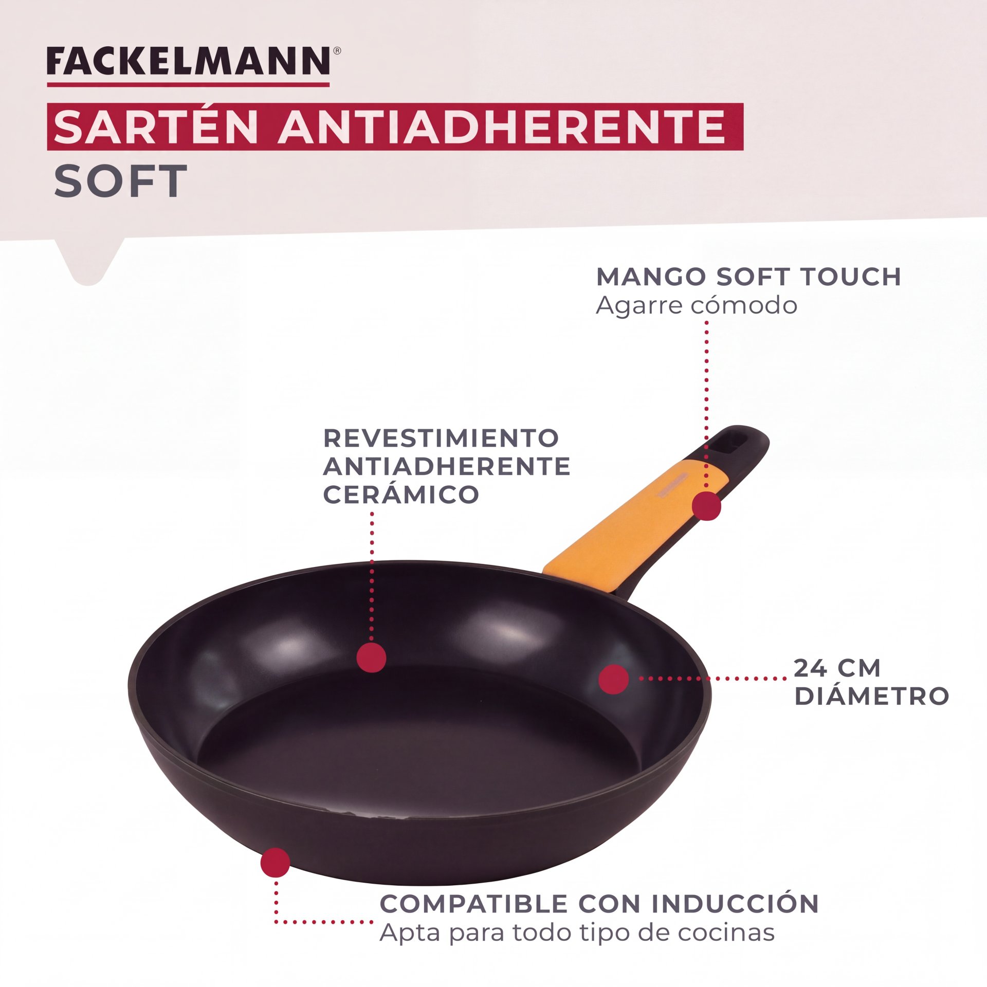 Fackelmann Soft Sartén Antiadherente 24 cm, Aluminio Forjado, Revestimiento Cerámico Greblon Libre de PFA, Apta para Inducción, Vitro, Gas y Horno, Mango Soft Touch  Resistente al Calor, 1 ud.