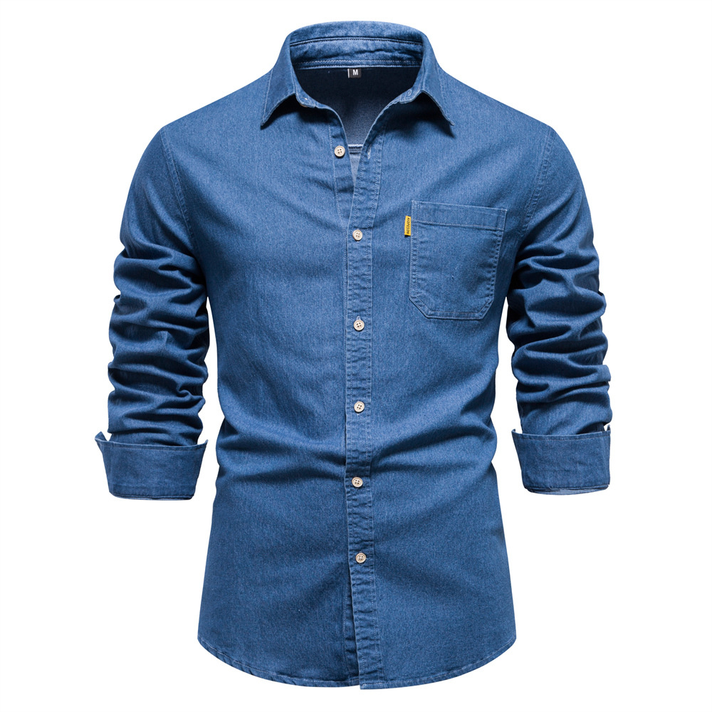 TK Camisa vaquera de manga larga para hombre, estilo otoño/invierno, sin arrugas, color liso informal.