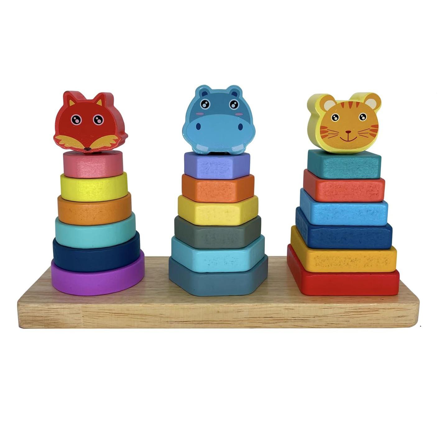 Juguete de Madera Apilamiento y Clasificación – Clasificador de Formas y Bloques Geométricos con Animales Hipopótamo, Zorro y Gato – Juego Educativo Infantil para Reconocimiento de Colores, Formas y Coordinación – Niños y Niñas 2 3 4 5 Años