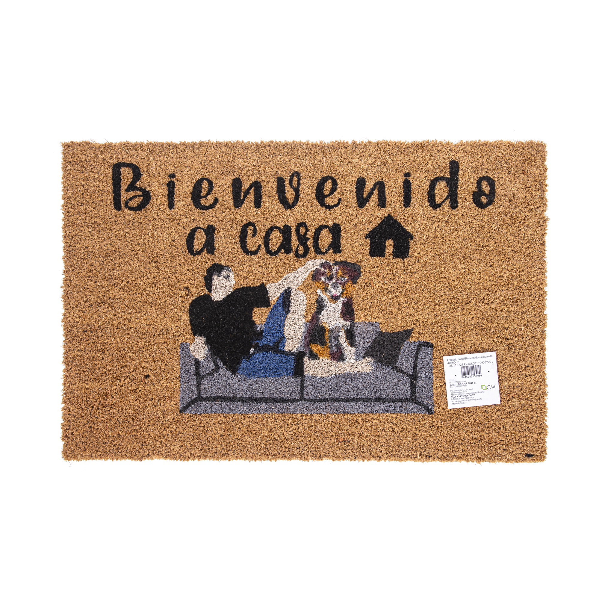 Felpudo de fibra de coco natural con base antideslizante de PVC para entrada, pasillo o porche — diseño divertido 'Perro en sofá, Bienvenido a casa' — 3 tamaños: 40x60 cm, 45x80 cm y semiluna 40x60 cm