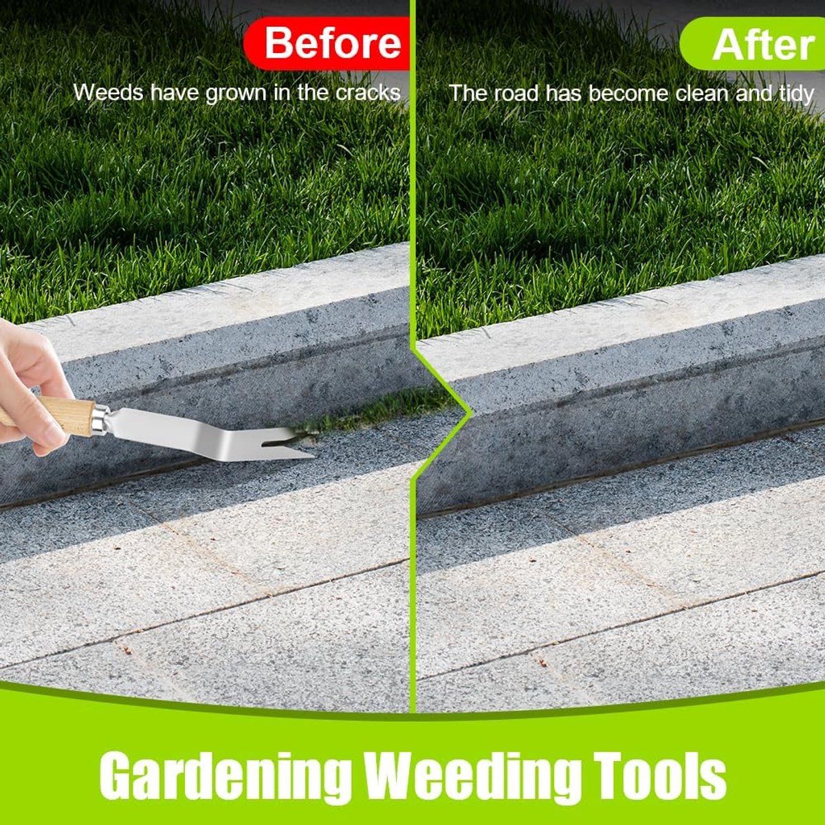 Juego de 3 piezas para eliminar y arrancar malas hierbas: desbrozadora de acero inoxidable con borde dentado, extractor de raíces con mango de madera, limpiador de juntas y desbrozadora manual para el jardín. Herramientas de jardinería profesionales.