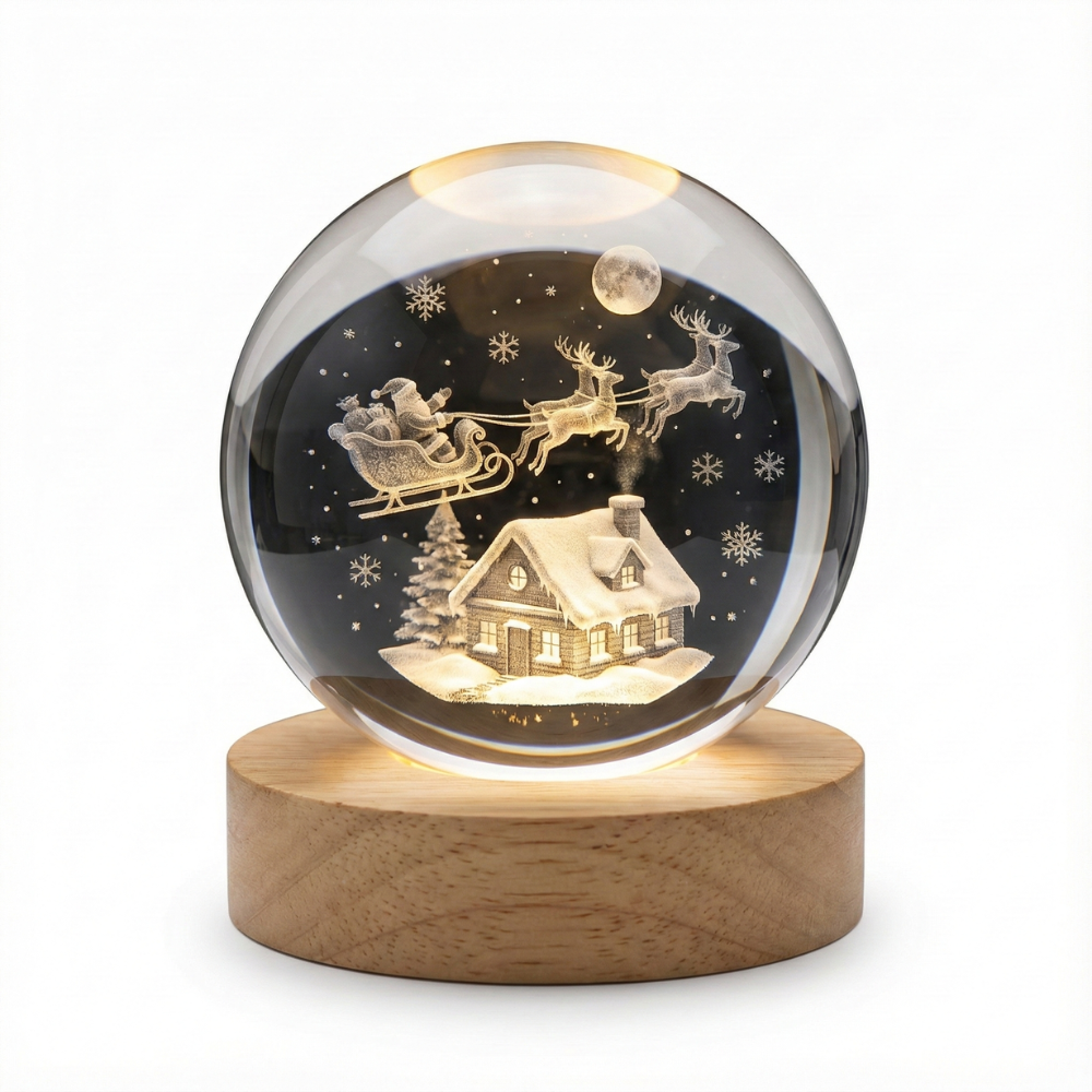 SODANY Bola de Cristal 3D Luz Nocturna LED Navidad Santa Claus 6cm Base Madera USB