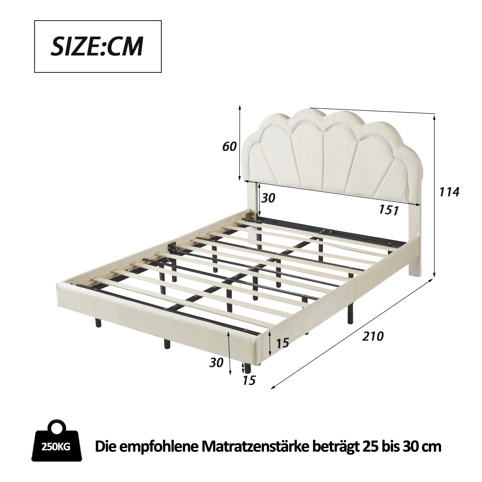 Superaly, Cama 140x200cm, Estructura Tapizada Doble con Base de Lamas, Cabecero Acolchado en Terciopelo Beige Forma Floral Elegante, Soporte Duradero, Cama Plataforma Moderna para Decoración Dormitorio