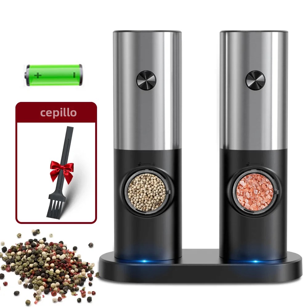 OmHom Juego De Molinillos Eléctricos De Pimienta Y Sal Con Base LED Regulable Recargable Herramienta De Cocina Ecológica Plástico