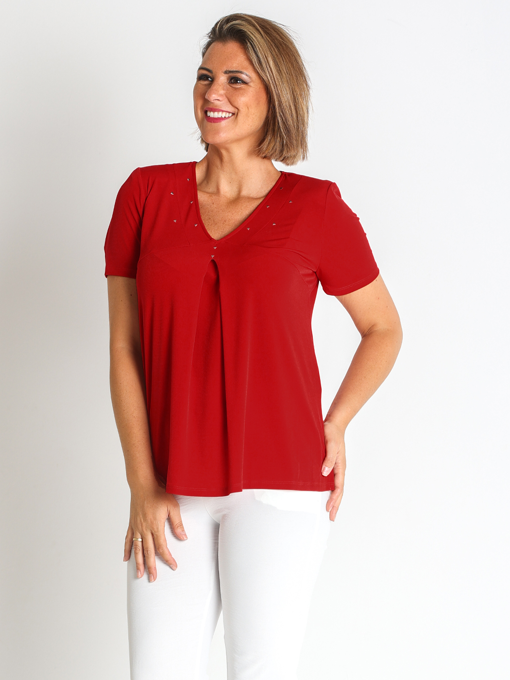 Camiseta Mujer de Punto Liso con Detalle en el Cuello, Cómoda y Estilosa, Ideal para Primavera y Verano - Lourdes Castillo