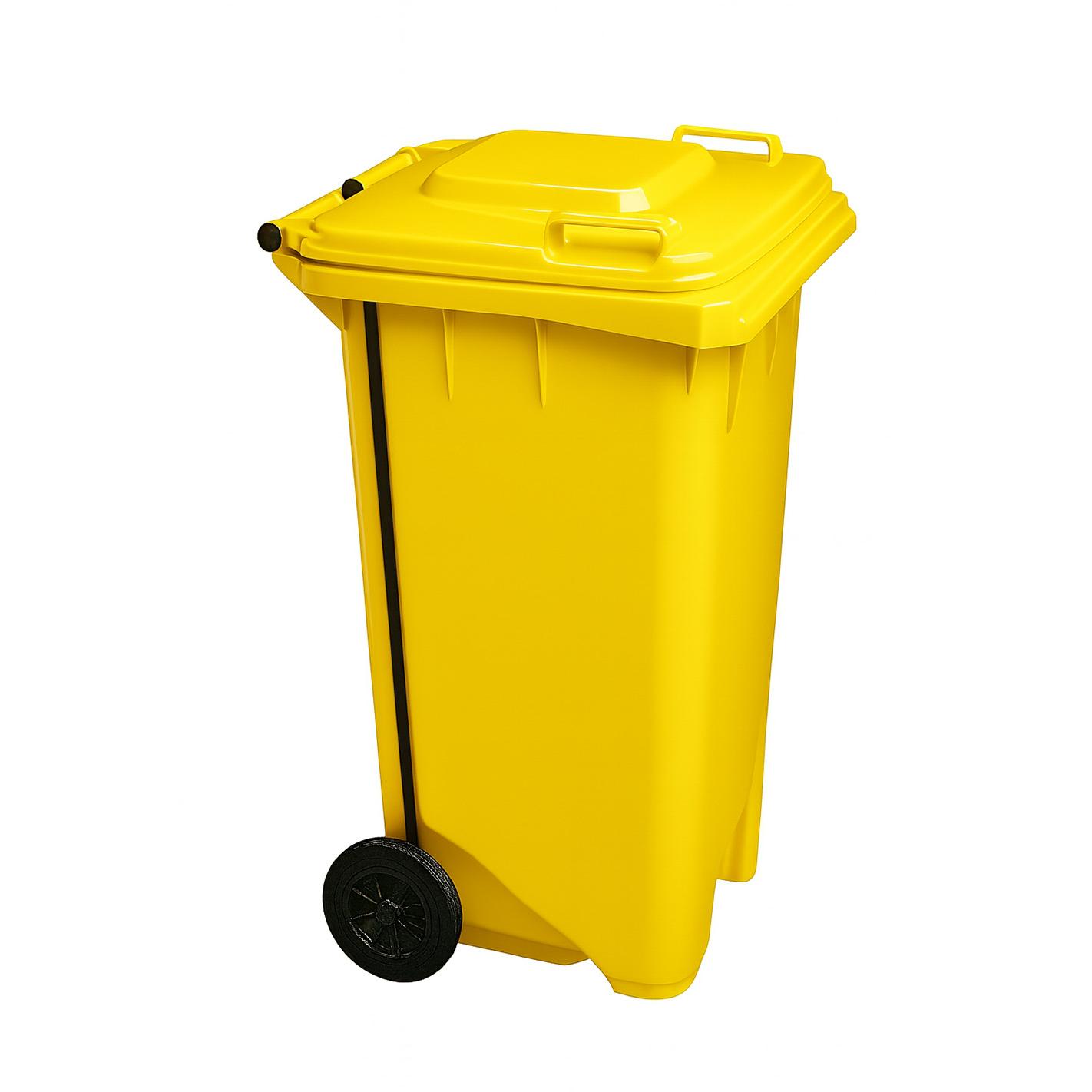 Cubo Basura 120 Litros con Pedal y Ruedas Amarillo | Contenedor Residuos HDPE Robusto | Cierre Hermético con Asas | Industrial